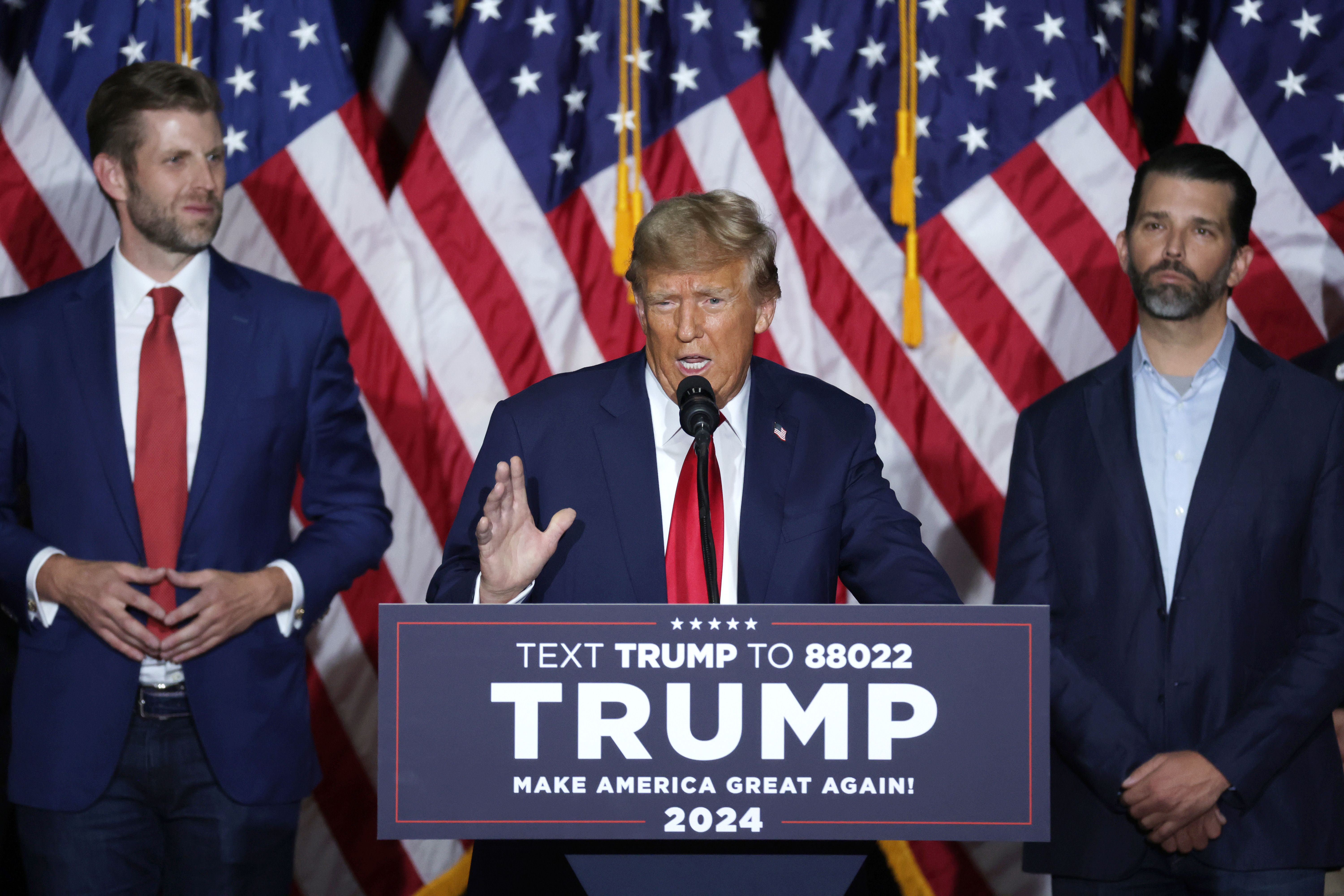 Former President Trump speaks at an Iowa caucus night event in January.
