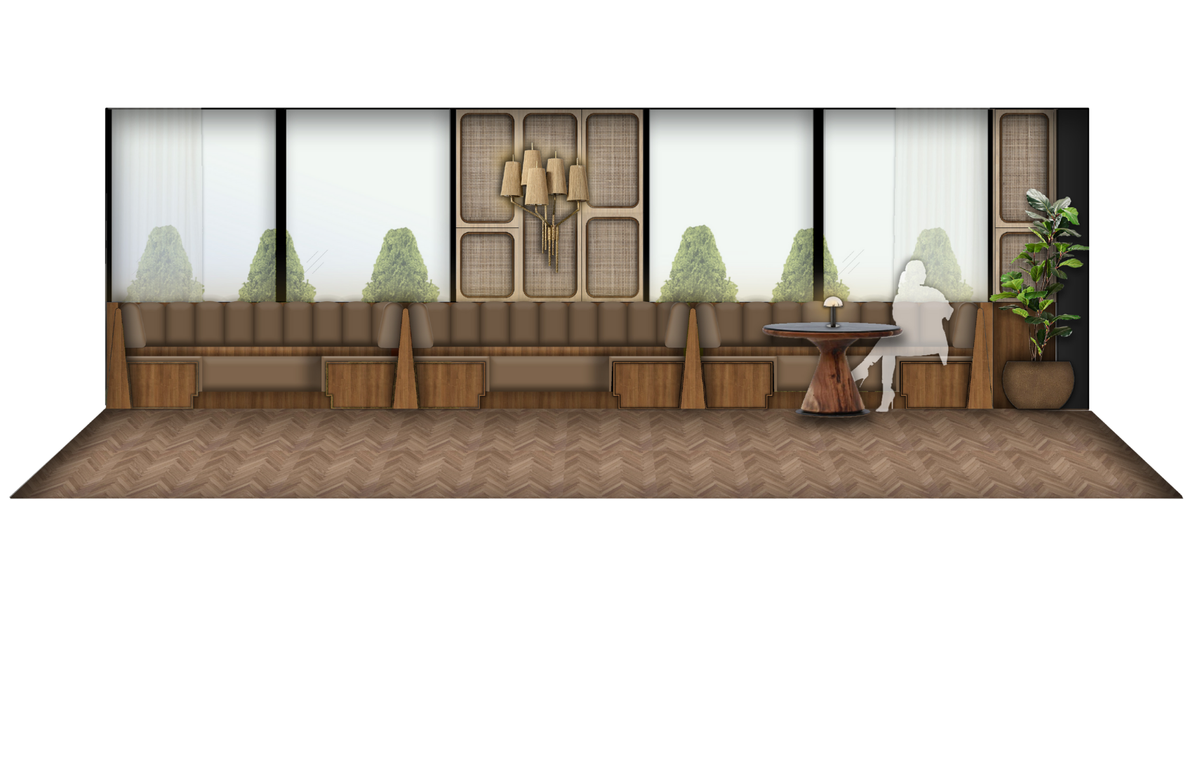 Modern seating area with long brown cushioned bench, wooden panels, large windows showing green trees, round wooden table with lamp, and a potted plant in corner.