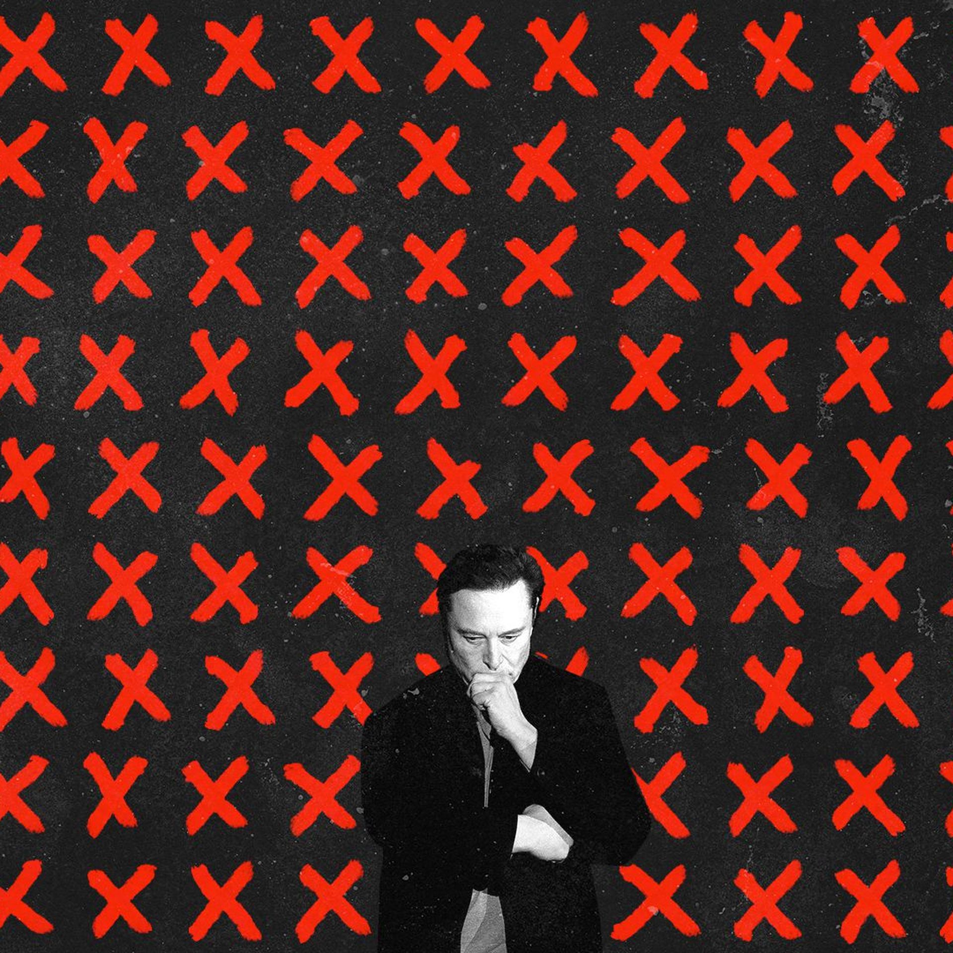 Photo illustration of Elon Musk looking worried and surrounded by bright red X's. 