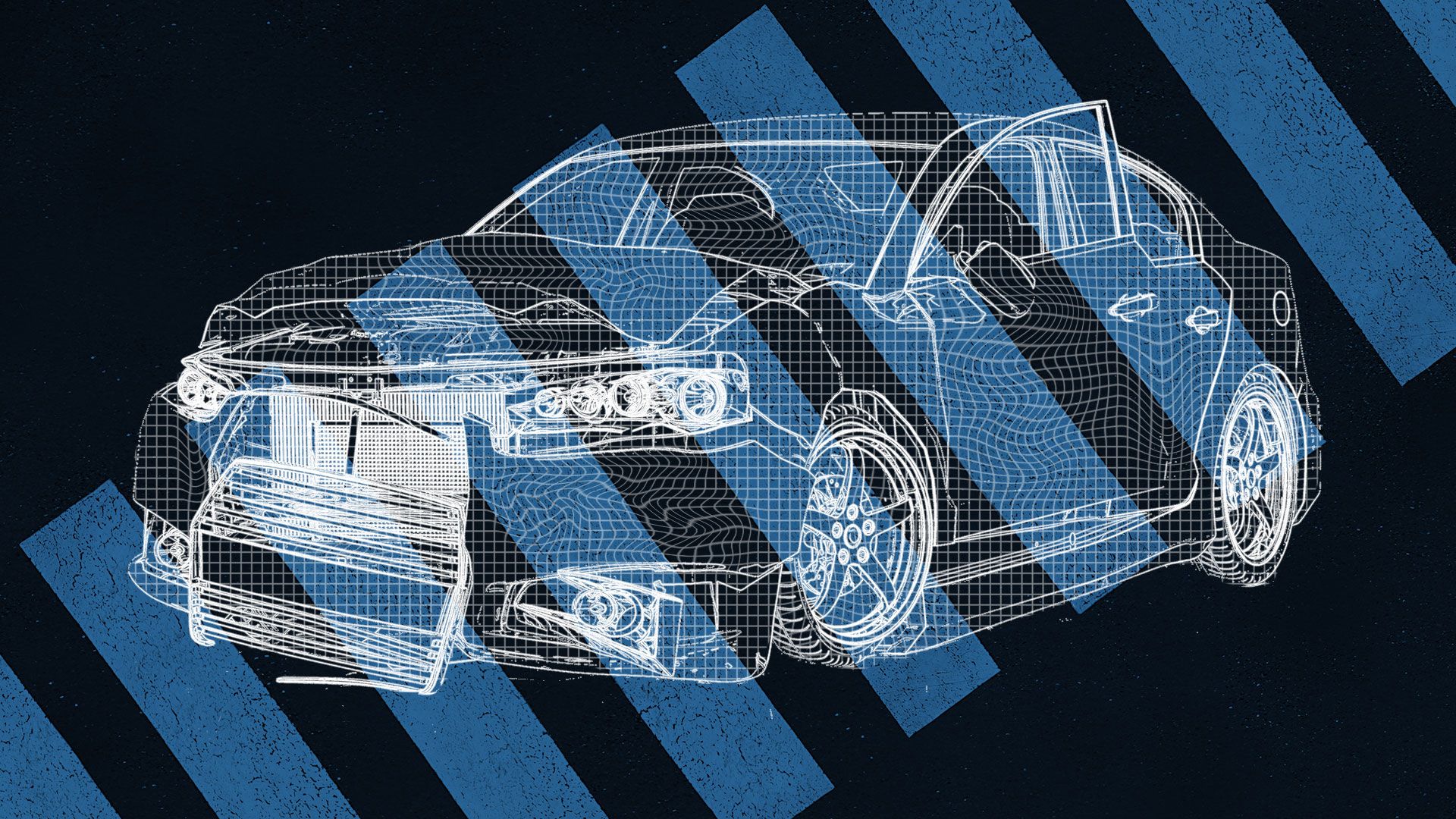 Illustration of a wireframe crashed car over a blue crosswalk