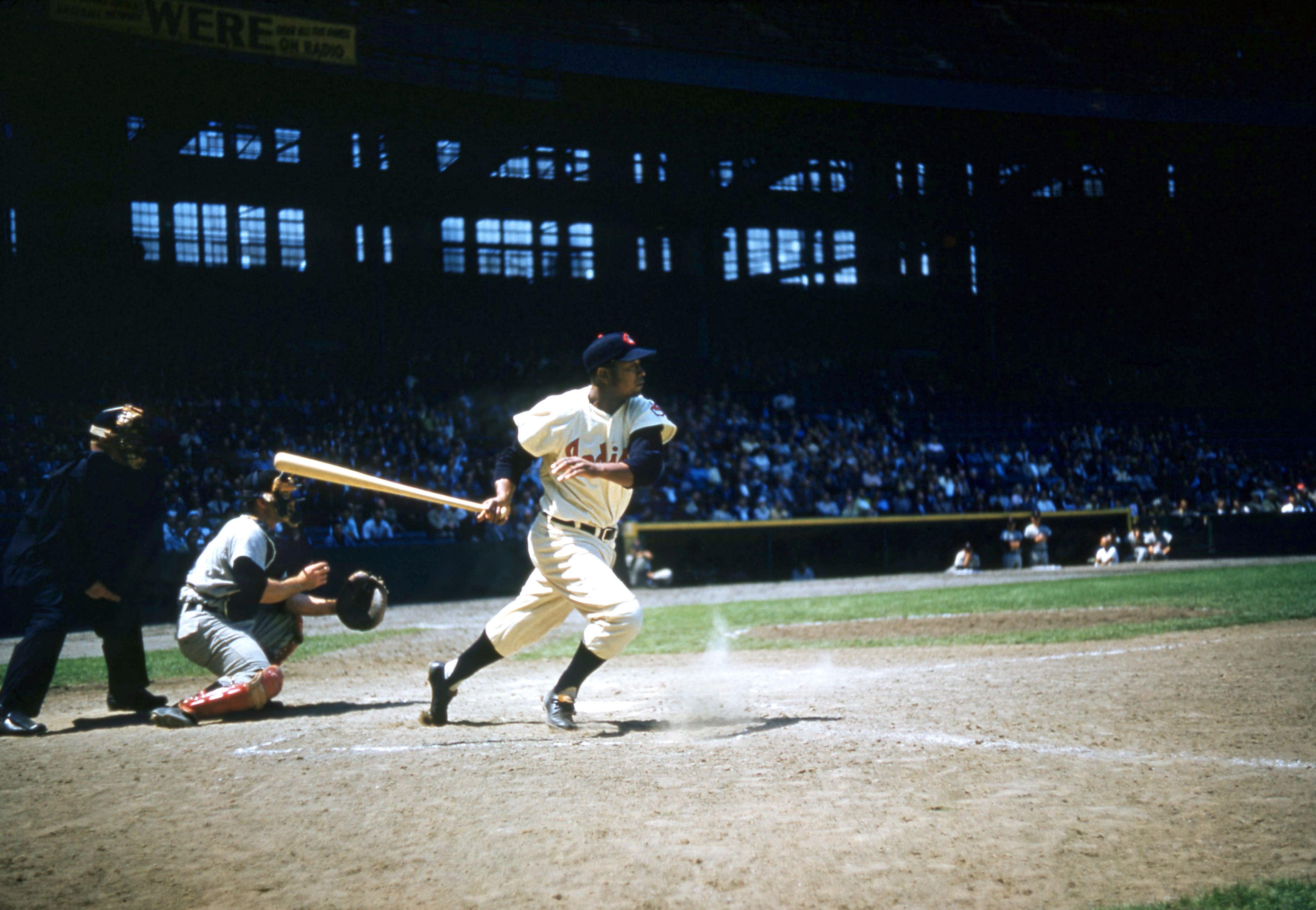 Larry Doby swings at pitch in 1955