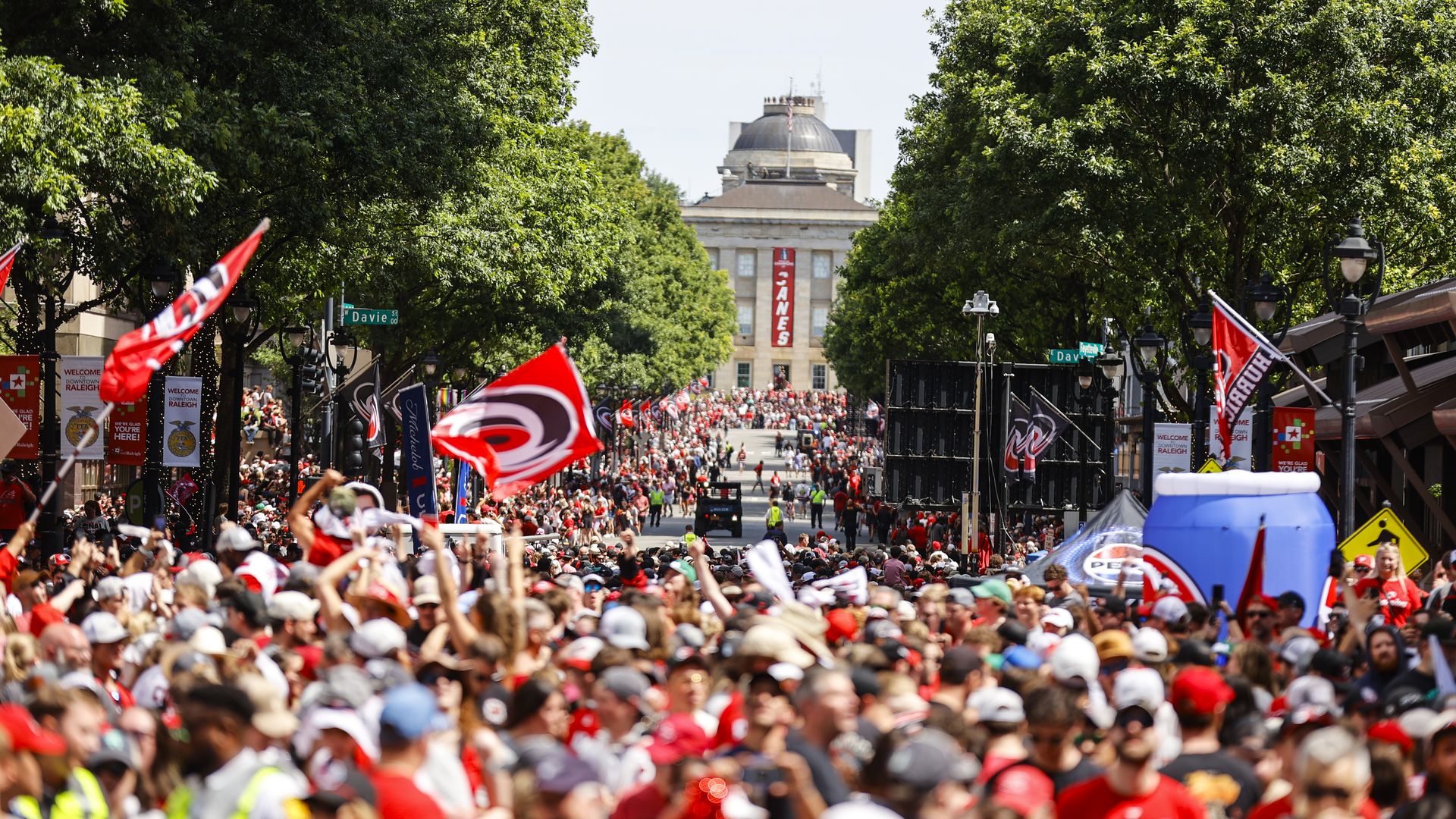 RALEIGH, NORTH CAROLINA - JUNE 20: Fans fill the streets during the Carolina Hurricanes Stanley Cup Final Victory Parade on June 20, 2026 in Raleigh, North Carolina.(Photo by Jaylynn Nash/Getty Images)*** Local Caption ***