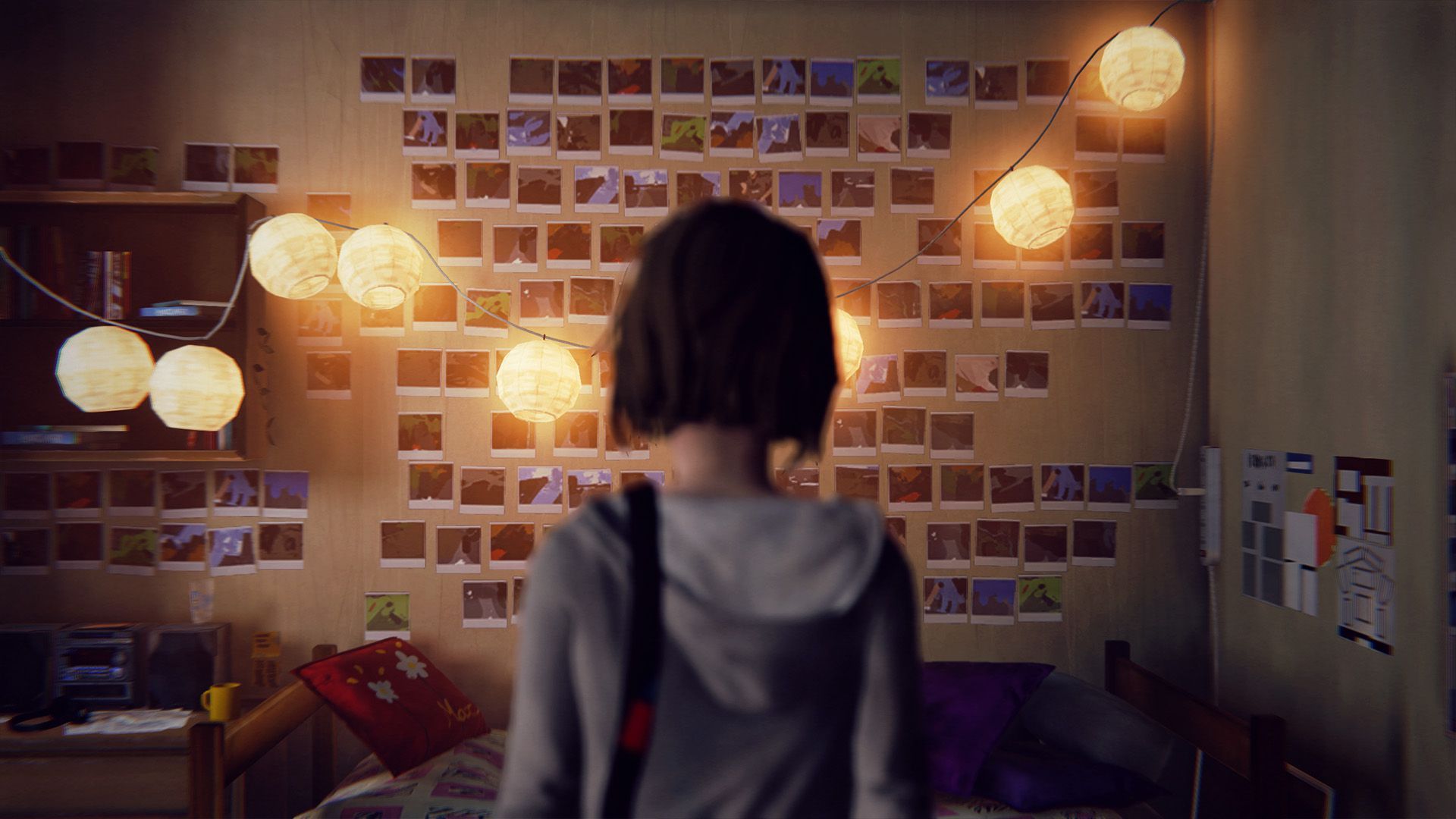 Screencap of a scene from a video game showing a person's back as they face a wall of photos