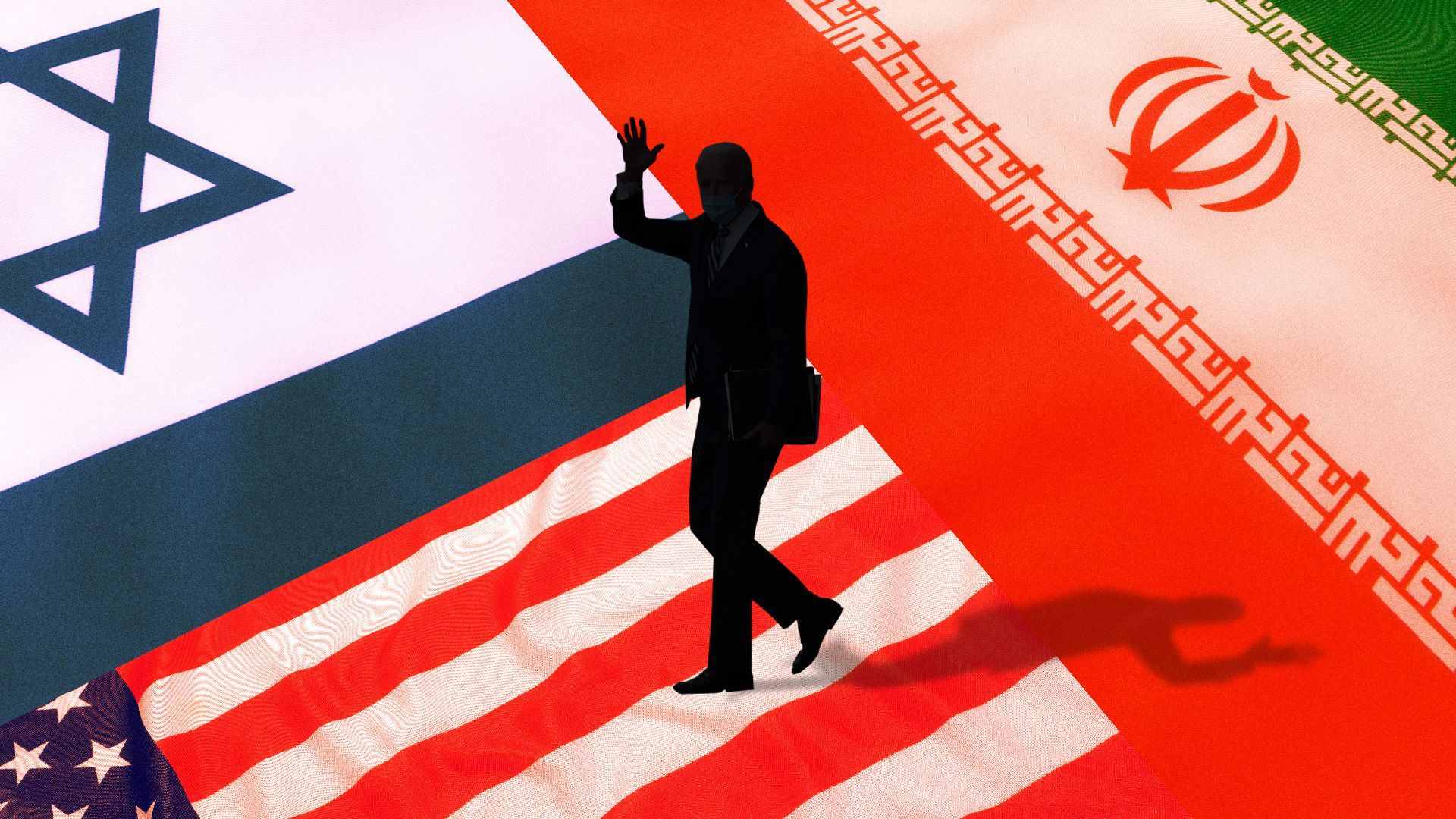 Illustration of a silhouette of Biden standing in front of the U.S., Iran, and Israel flags