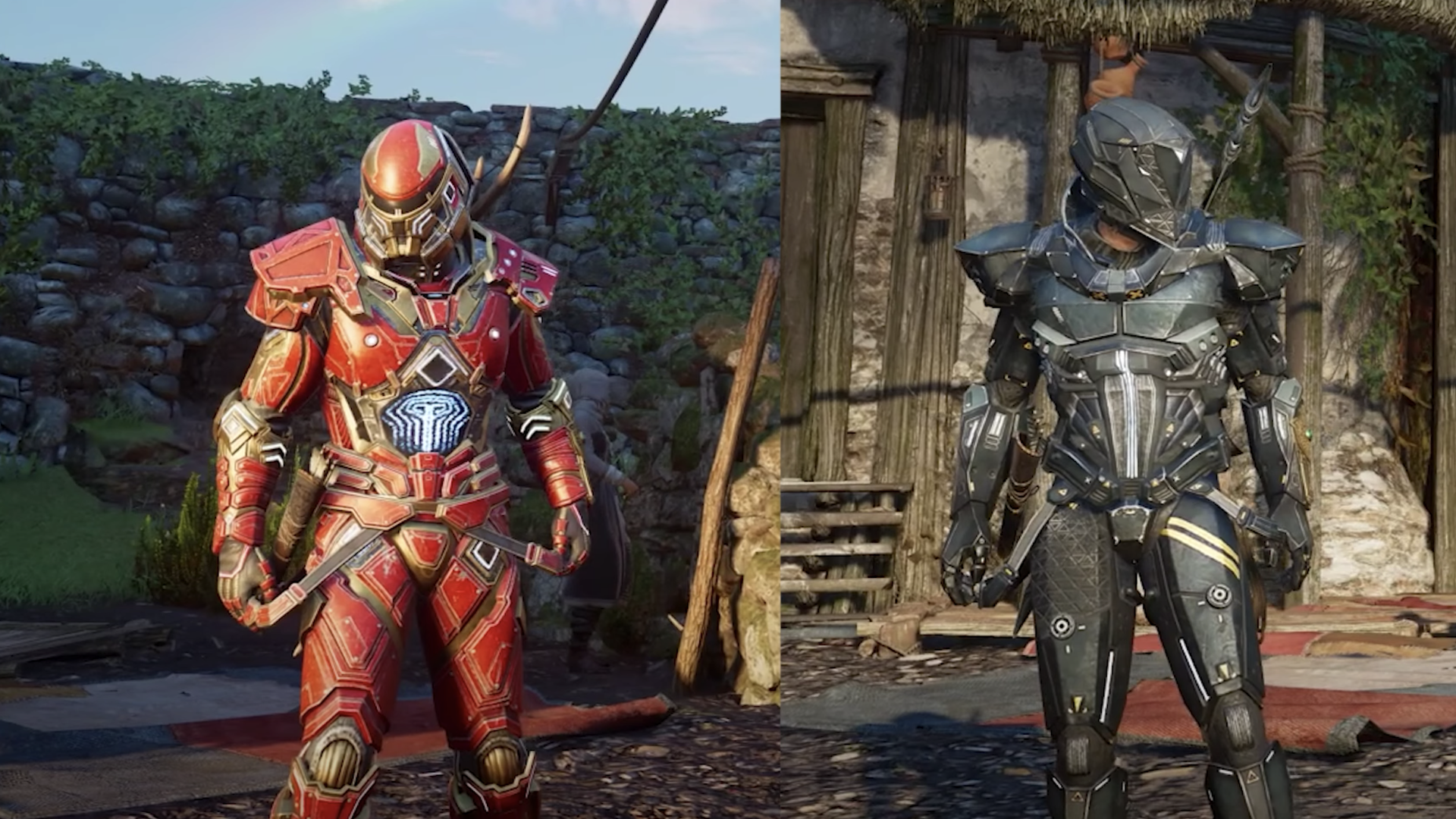 Splitscreen video game screenshot showing a red and yellow set of armor and then a similar version that is gray