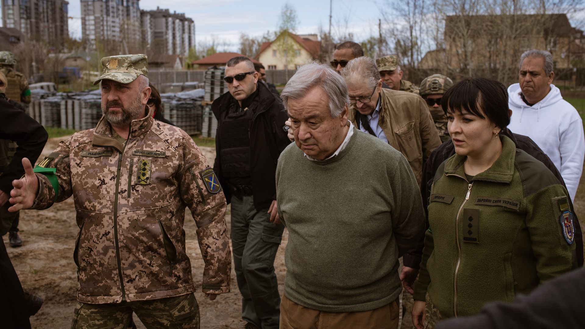 United Nations Secretary-General António Guterres with officials in Borodyanka region of Ukraine on April 28.
