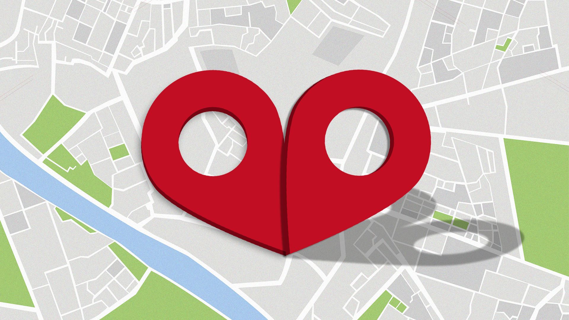 Illustration of two location pins forming a heart above a map. 