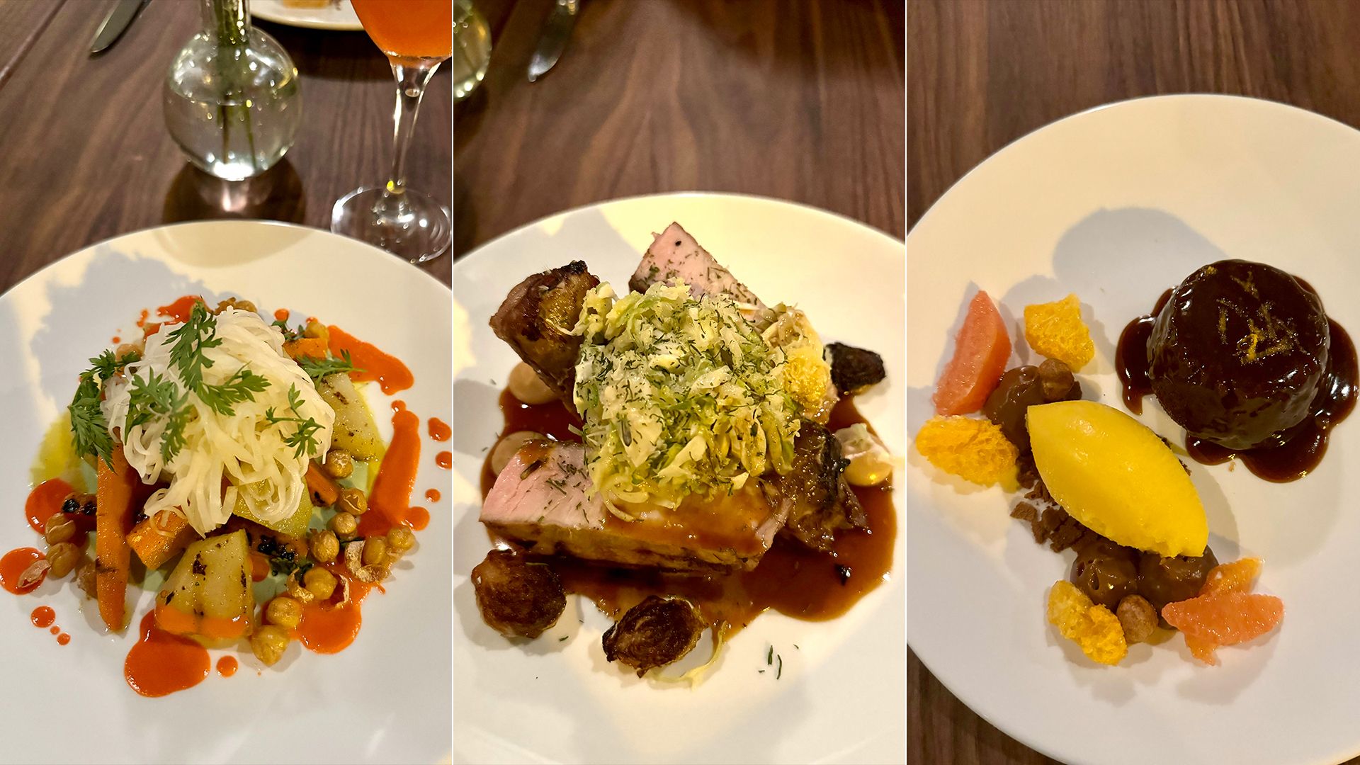 A photo of carrots, a pork chop and a small piece of cake.