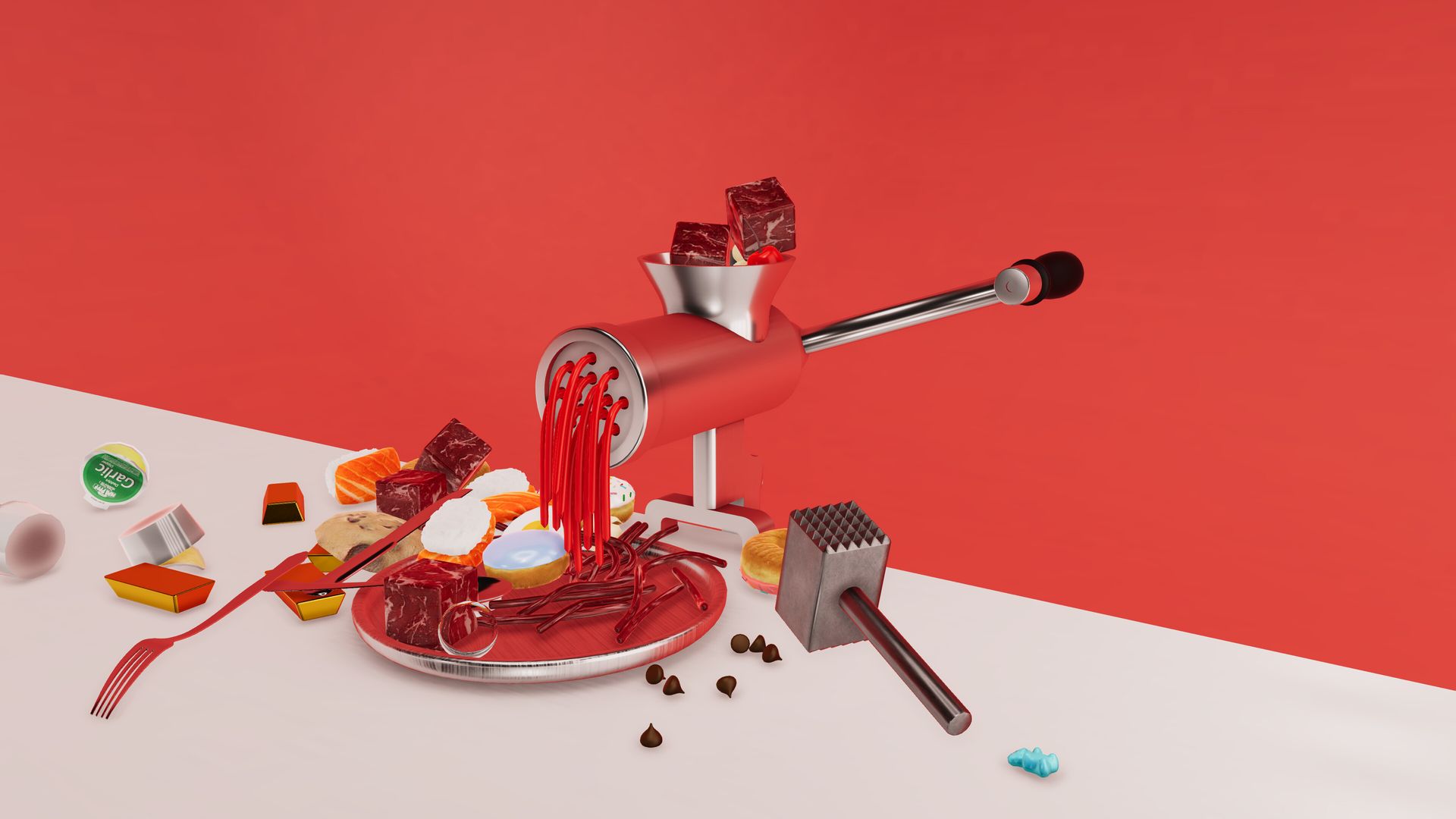 Video game screenshot showing a grinder squeezing out strands of food above a plate filled with meat and sushi