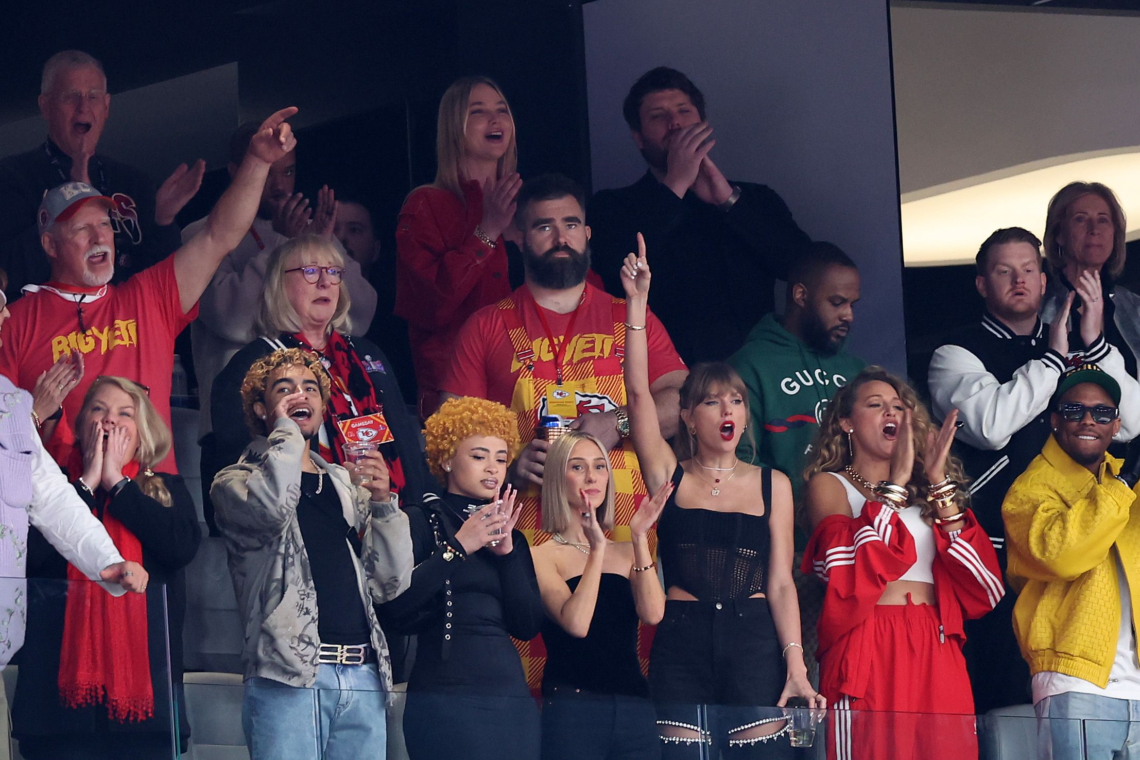 Singer Taylor Swift and Actress Blake Lively react prior to Super Bowl LVIII between the San Francisco 49ers and Kansas City Chiefs at Allegiant Stadium on February 11, 2024 in Las Vegas, Nevada. 