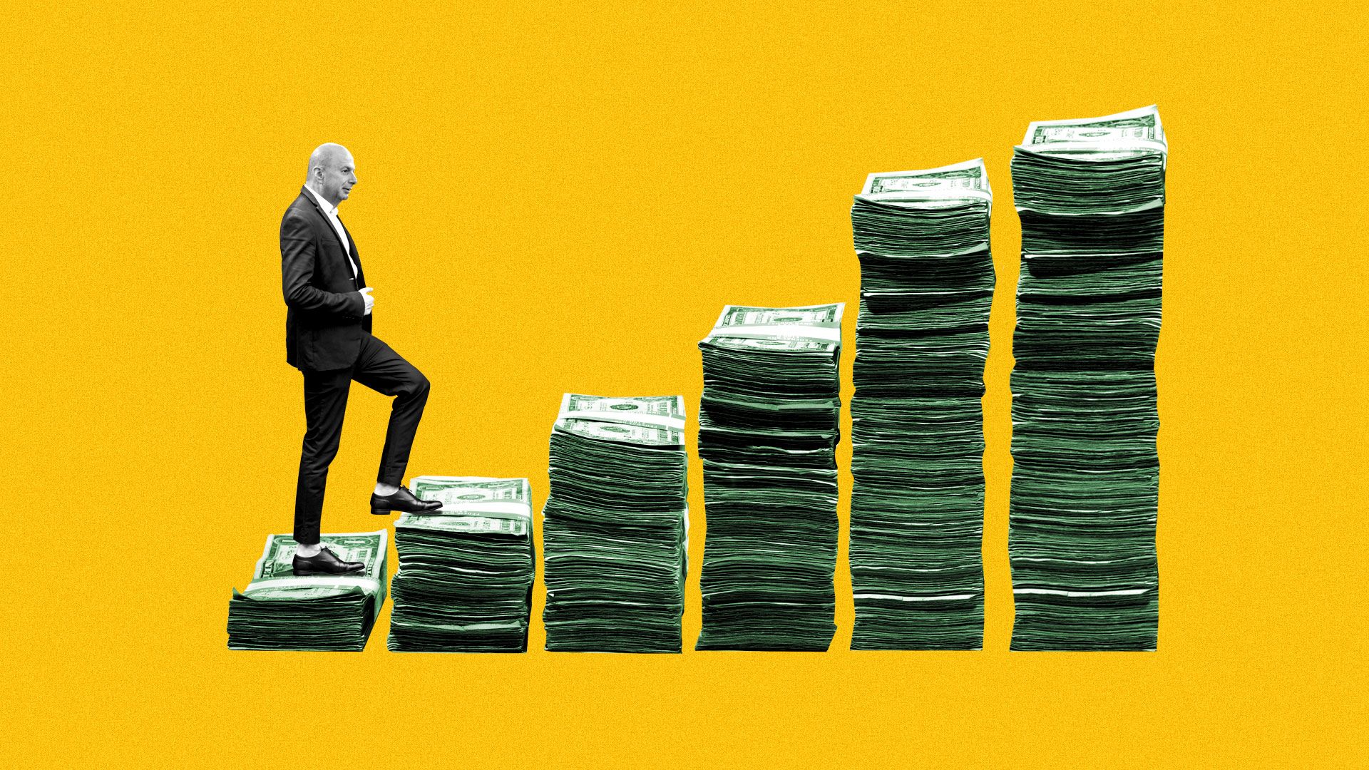 Illustration of Gordon Sondland climbing up stairs made of money.