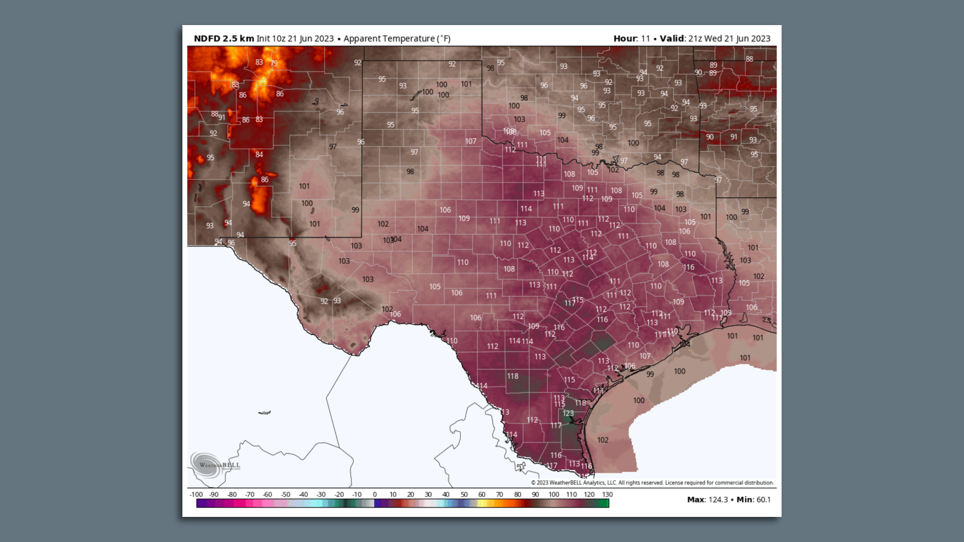 Map showing a National Weather Service forecast for the heat index across Texas on June 21. 