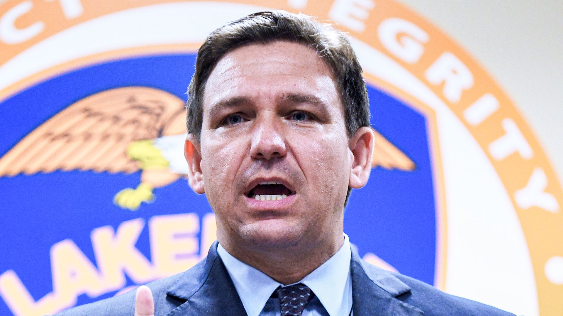 Florida Governor Ron DeSantis speaks at a press conference at the Lakeland, Florida Police Department