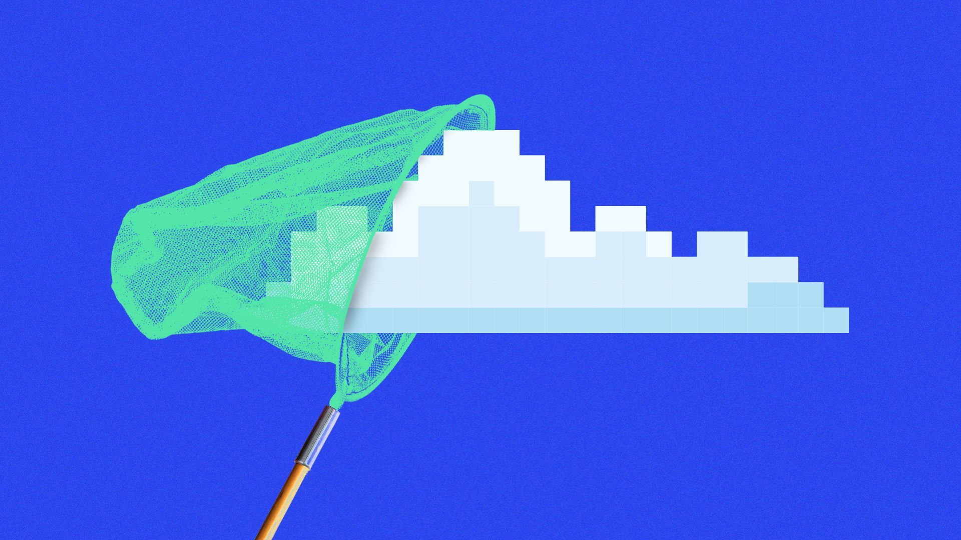 Illustration of a net catching a pixelated cloud.