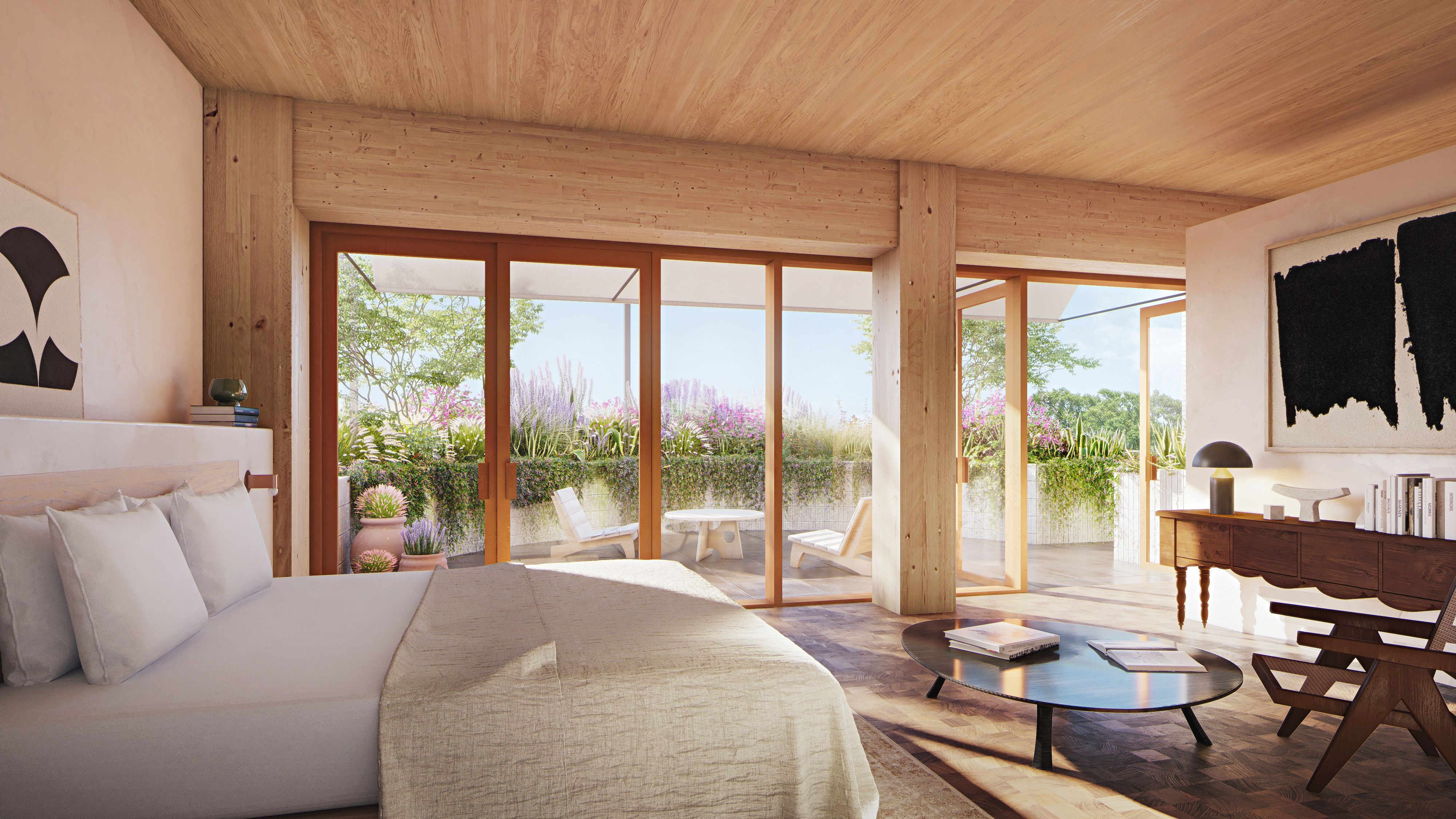 A rendering of a bedroom with sliding doors and windows in the background.