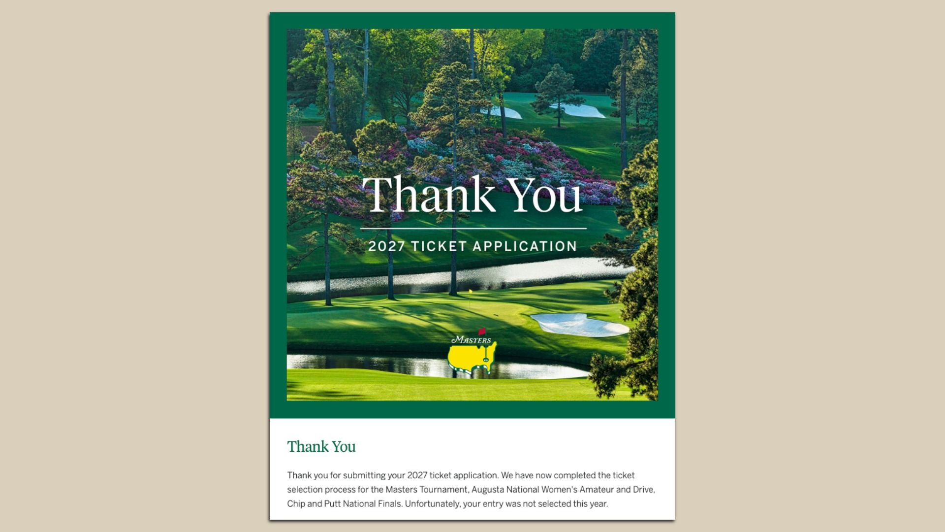 Framed green poster showing a lush golf course with trees, water, and sand bunkers. Large white Thank You text with a thin line, and 2027 TICKET APPLICATION below; Masters logo at bottom.
