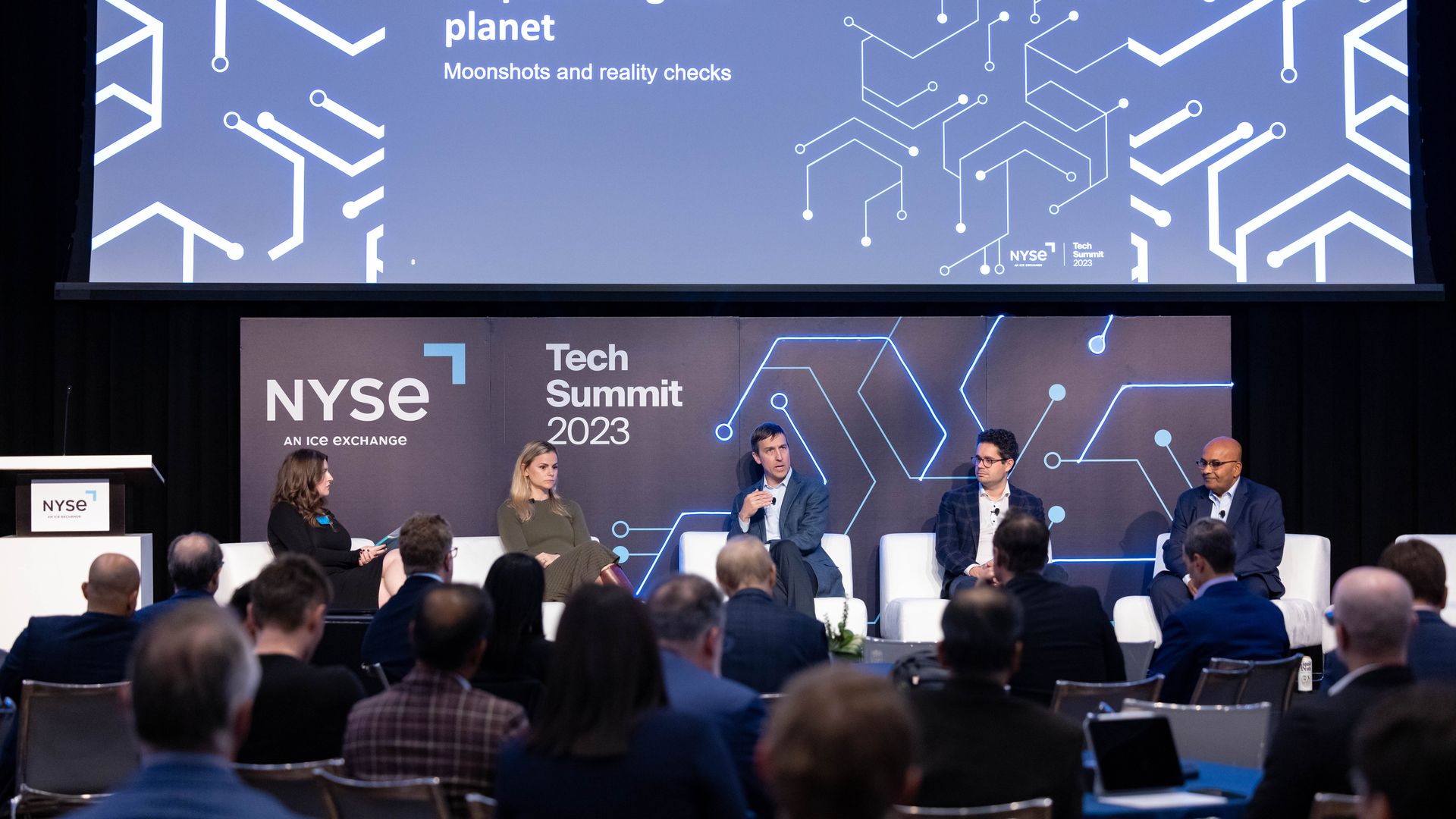 Photo of climate tech panel at New York Stock Exchange event. 