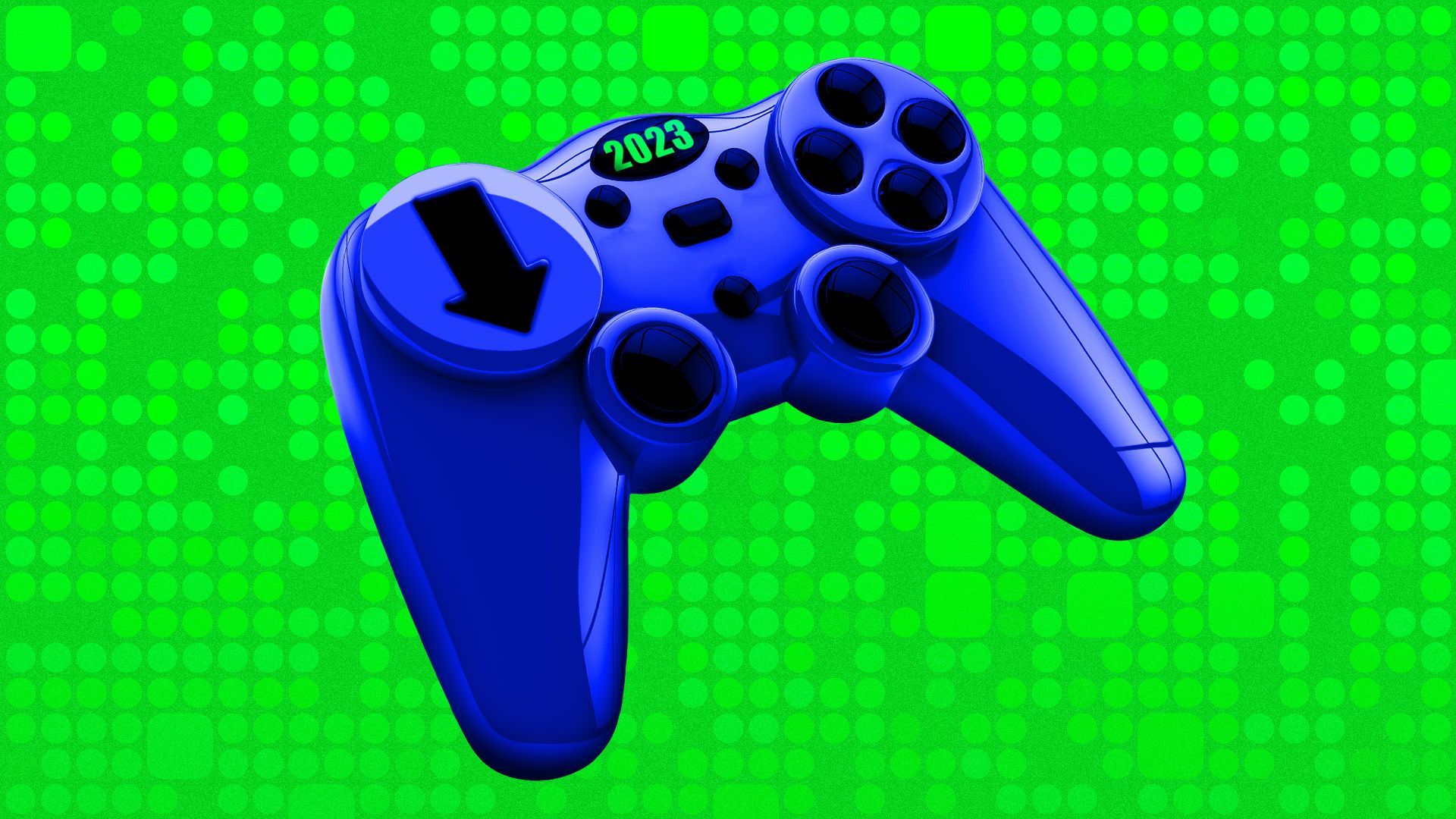 Illustration of a game controller with a downward facing arrow and the number 2023