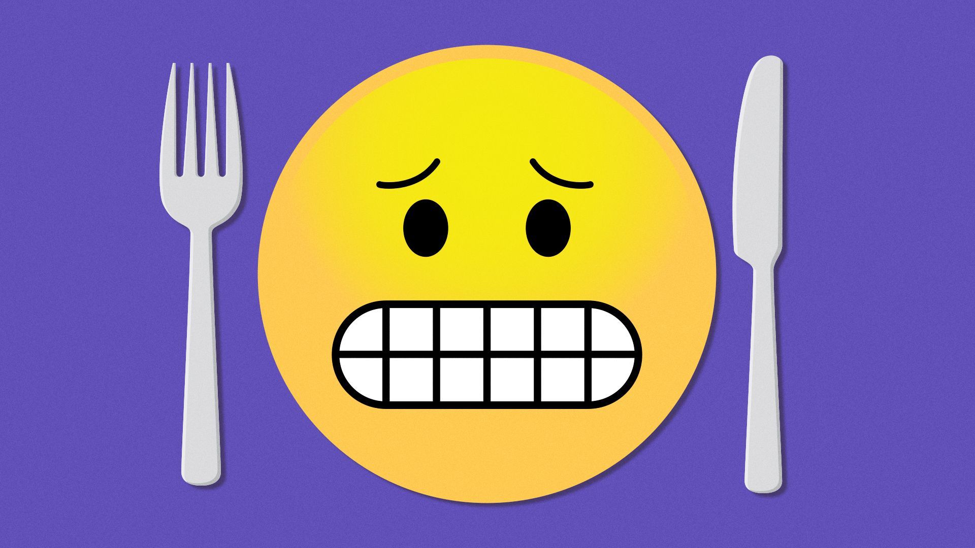 Illustration of a knife and fork next to a plate in the shape of a grimacing emoji.