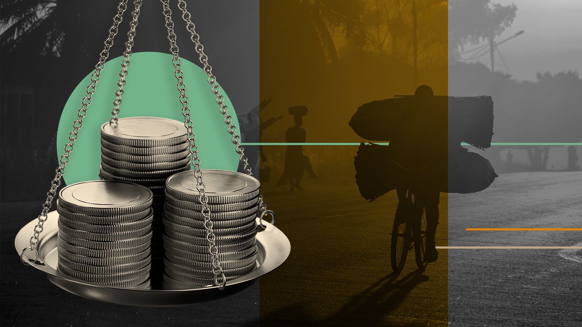 Illustration of coins on a scale with a man on a bicycle and abstract shapes in the background.