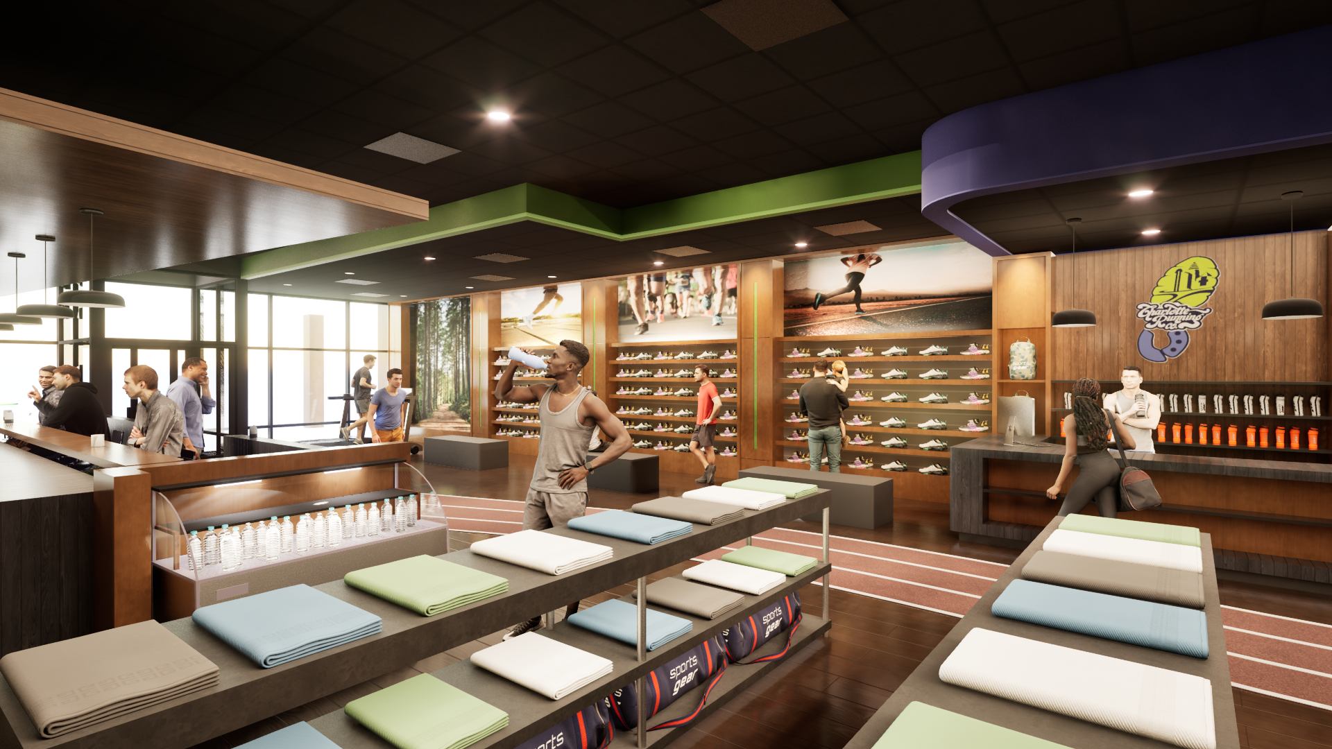 Spacious indoor sports store with wooden fixtures, green beams, and a purple curved ceiling. Sneakers line the back wall as customers browse; a man drinks from a bottle at center; checkout on the right.