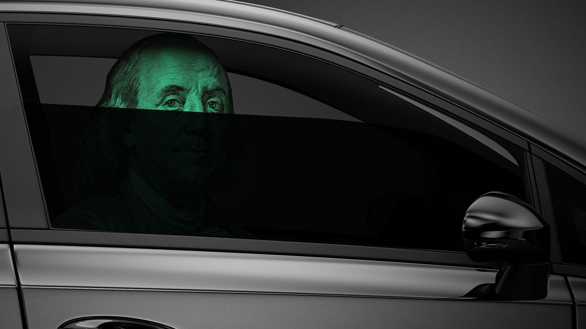 Illustration of Benjamin Franklin sitting in a car with dark tinted windows. 