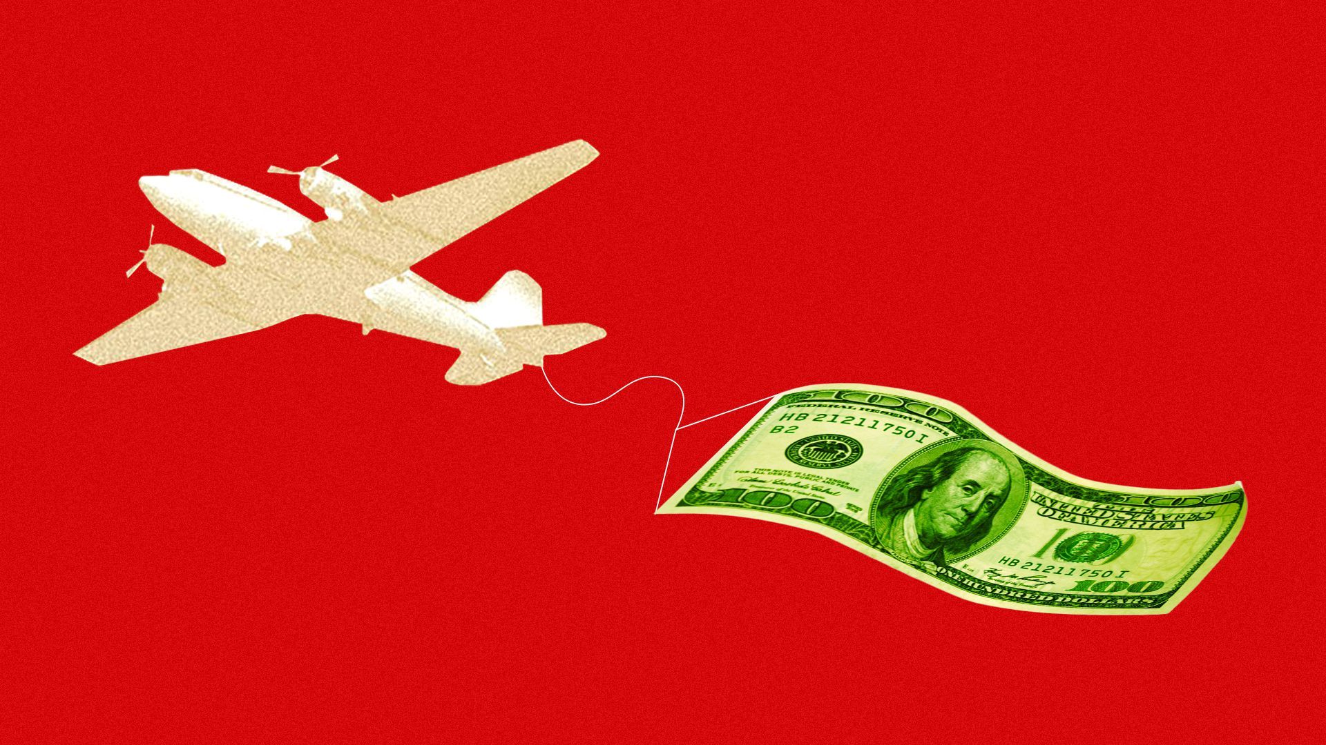 Illustration of the Air Mail logo's plane flying a one hundred dollar bill banner
