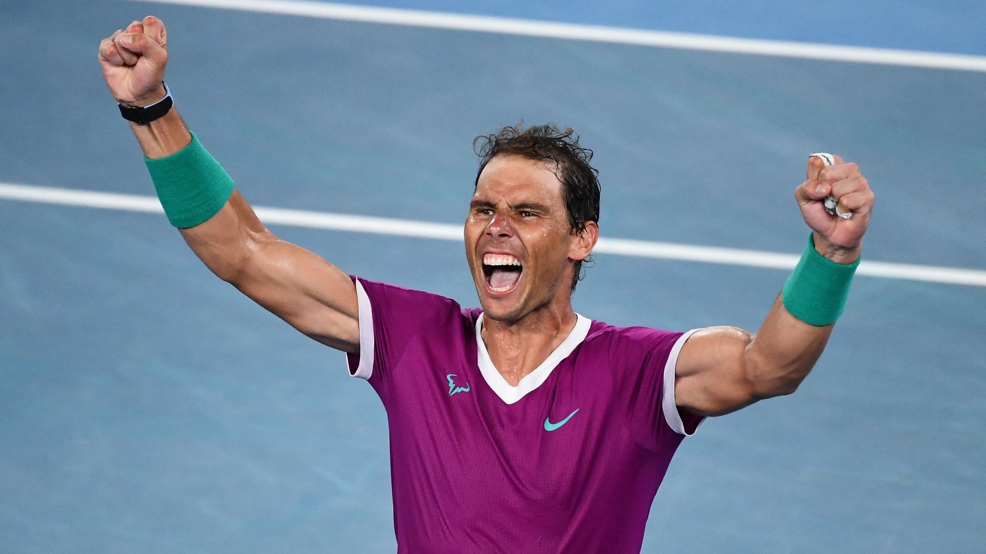Rafael Nadal reacts after winning against Daniil Medvedev at the Australian Open