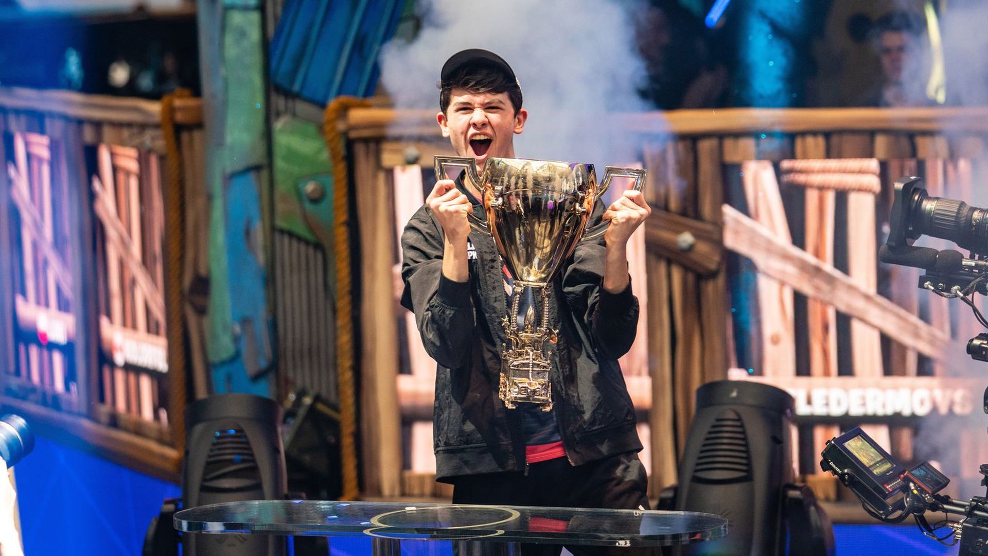 Kyle "Bugha" Giersdorf celebrates winning Fortnite World Cup at Arthur Ashe Stadium in New York City.