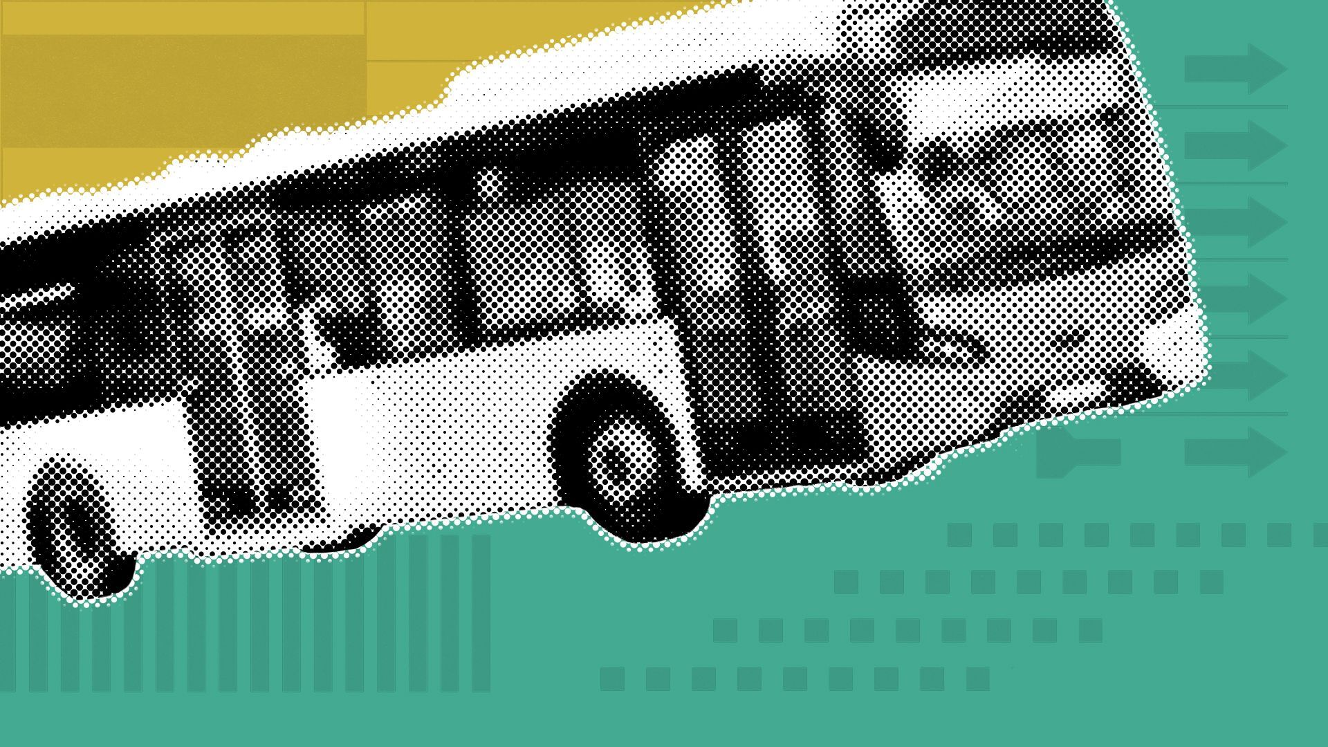 Illustration of a bus dividing a green and gold background, with elements of ballots behind it. 