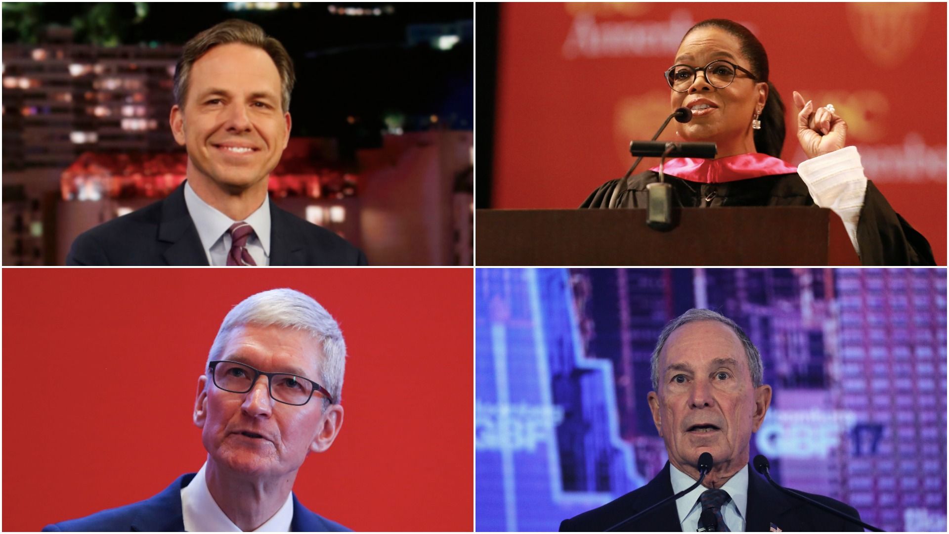 A photo collage of Jake Tapper, Oprah Winfrey, Tim Cook and Michael Bloomberg