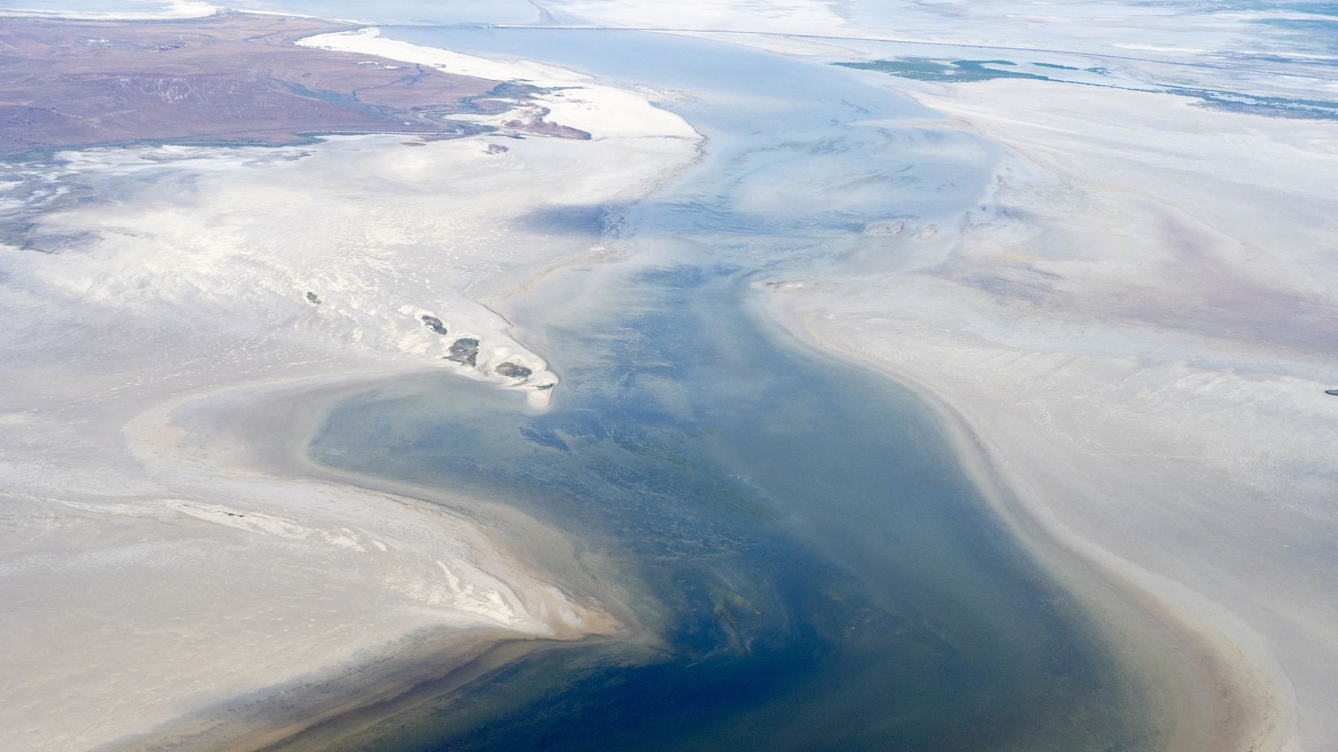 An aerial view of the shrinking Great Salt Lake.