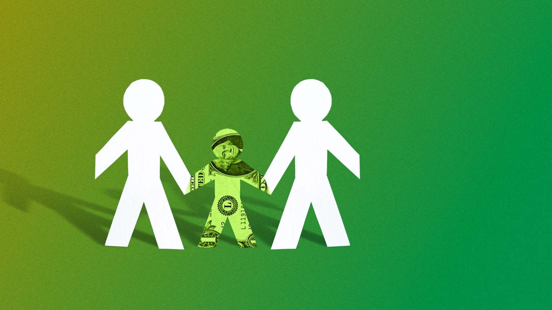 Illustration of a paper cut family, with the child in the middle made of a dollar bill. 