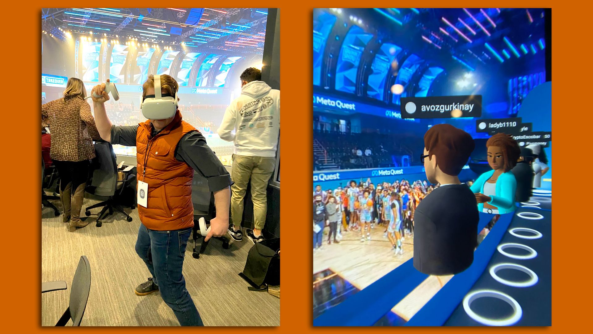 Side by side photos of a man wearing a virtual reality headset and the image inside a virtual reality experience where avatars watch a real-life slam dunk contest