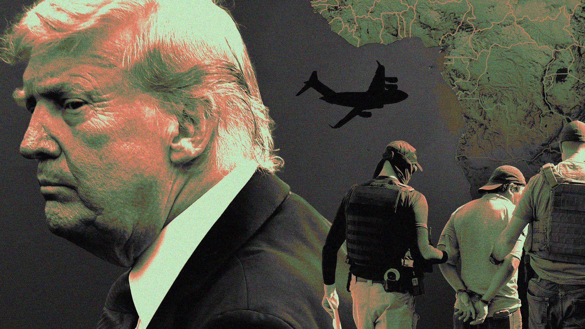 Photo illustration of a collage featuring Donald Trump, a silhouette of a U.S. Air Force plane in flight, a map of Africa, and a man being detained by federal agents.