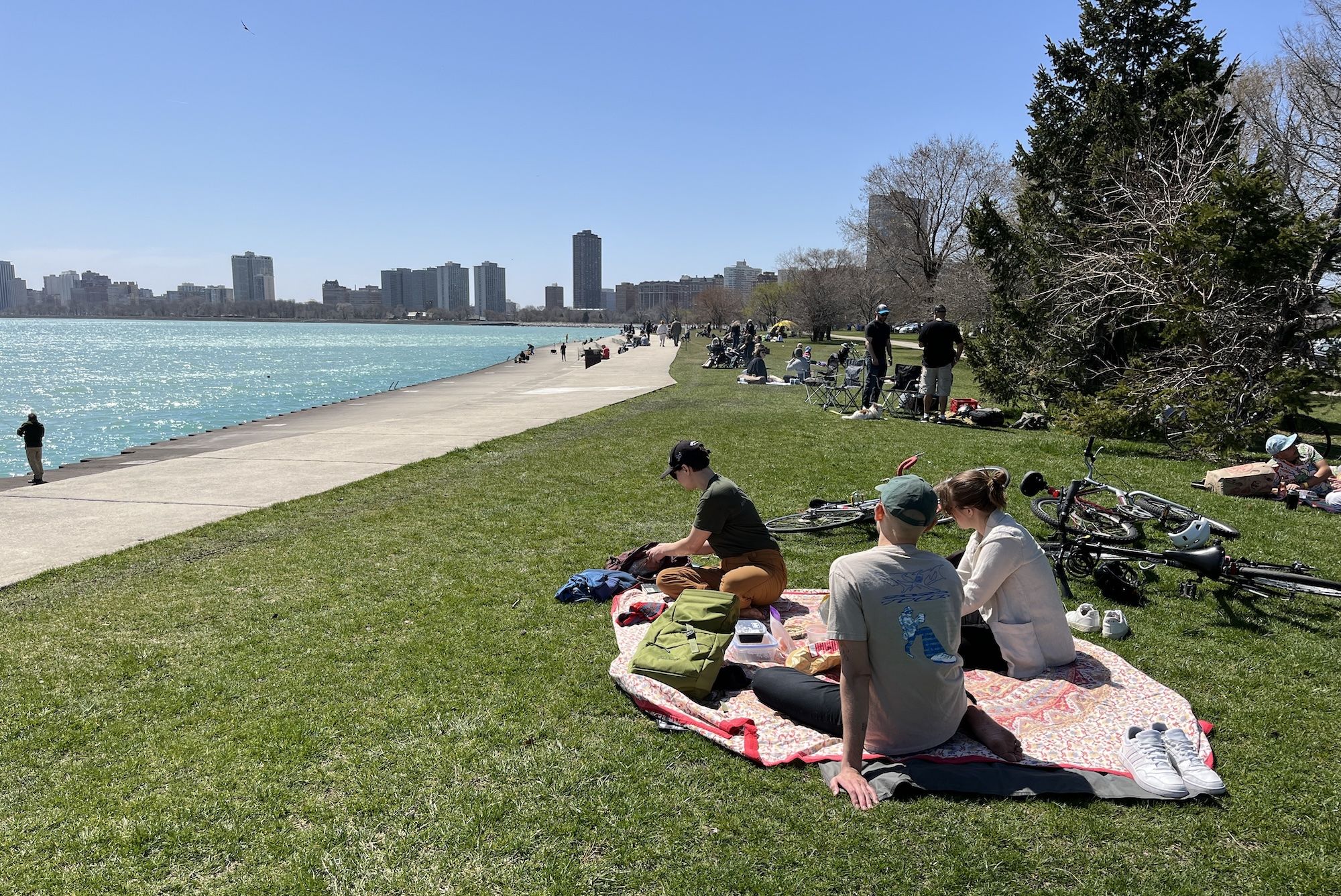 Sunlit lakeside park with people picnicking on blankets, cyclists on the grass, a concrete promenade beside turquoise water, and a distant city skyline under a blue sky.