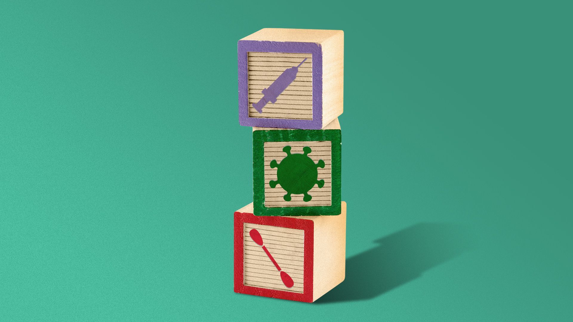 Illustration of a stack of wooden toy blocks showing a syringe, a COVID cell and a cotton swab.