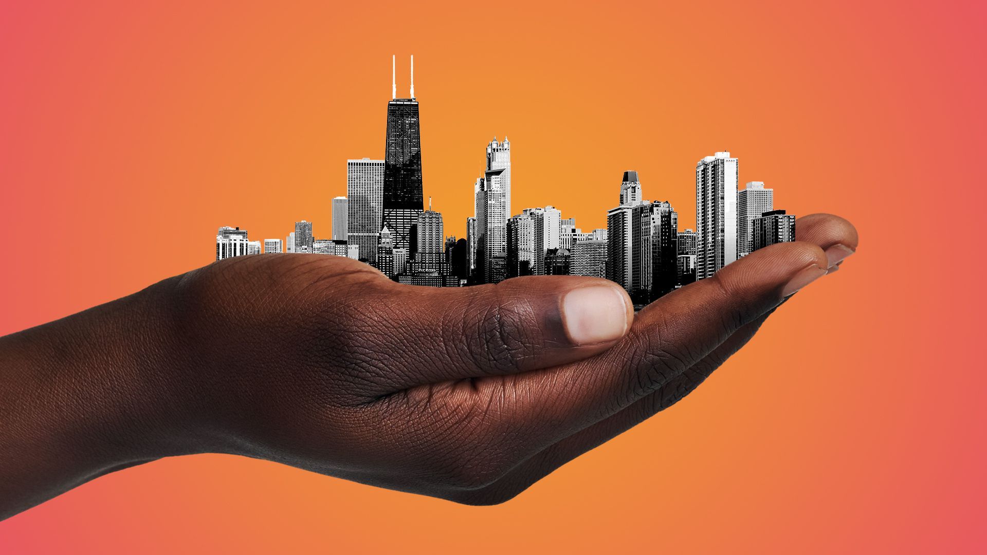 Illustration of a Black woman's hands holding the city of Chicago.
