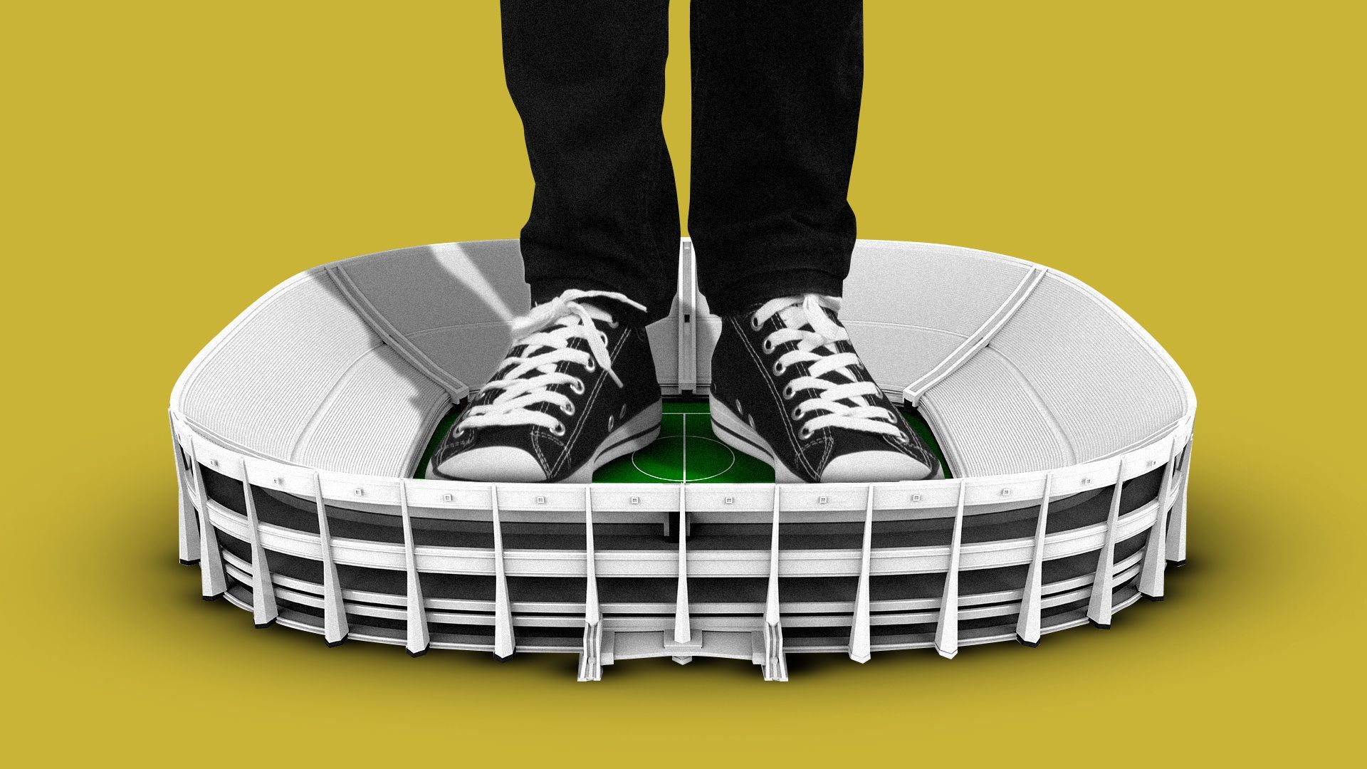 Illustration of a giant pair of legs standing in a tiny stadium.