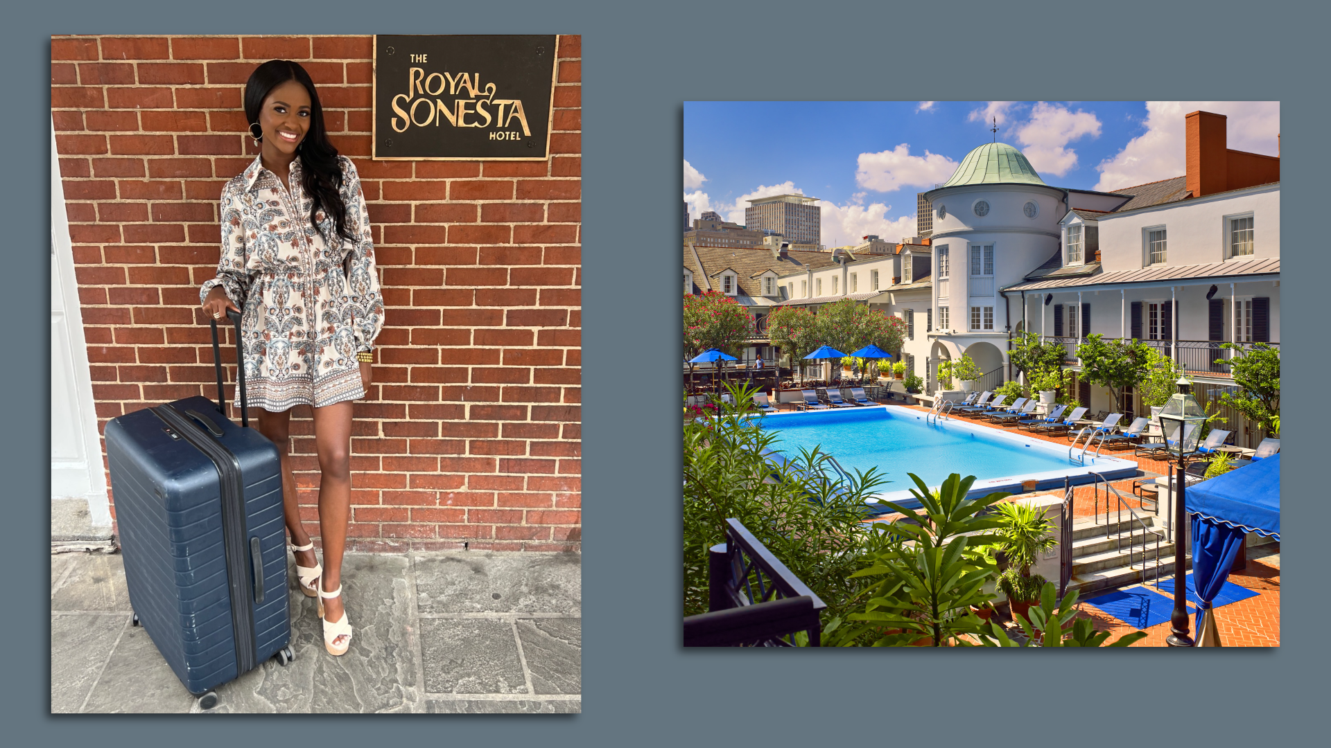 Image shows two photos. Charity Lawson, the new "Bachelorette," is on the left. A photo of the pool at the Royal Sonesta is on the right.