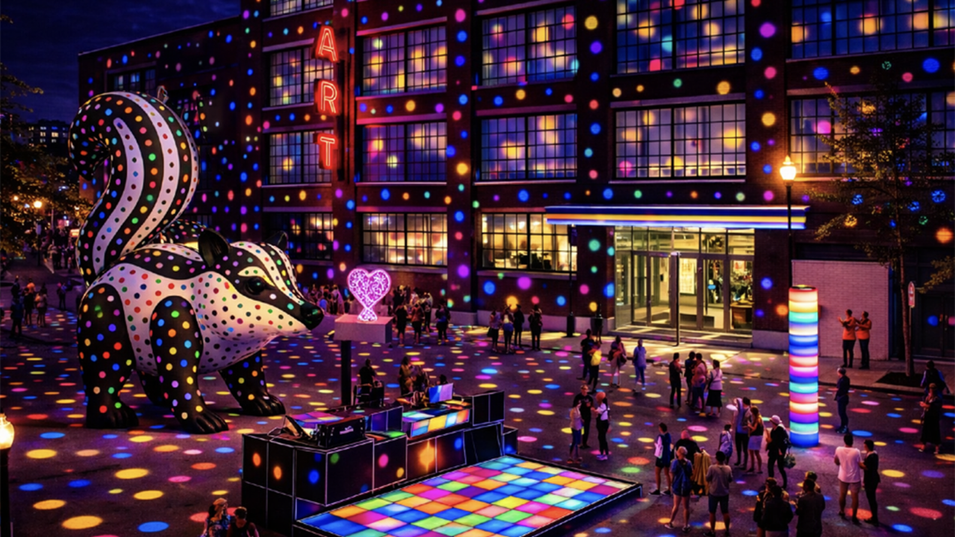 Night view of a plaza with a giant multicolored dotted animal sculpture, a glowing rainbow dance floor and DJ booth, and a building facade lit in colorful dots; crowds watch the art.