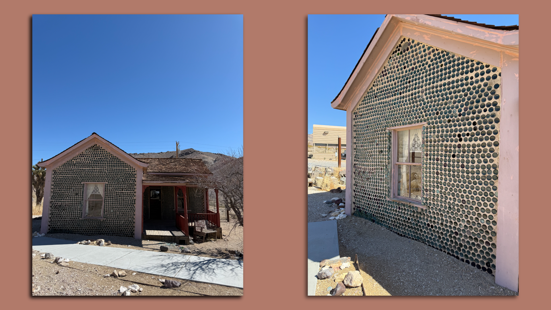 Two images of Tom Kelly's Bottle House in Rhyolite, Nevada. The house is built with glass bottles seen outside the house.