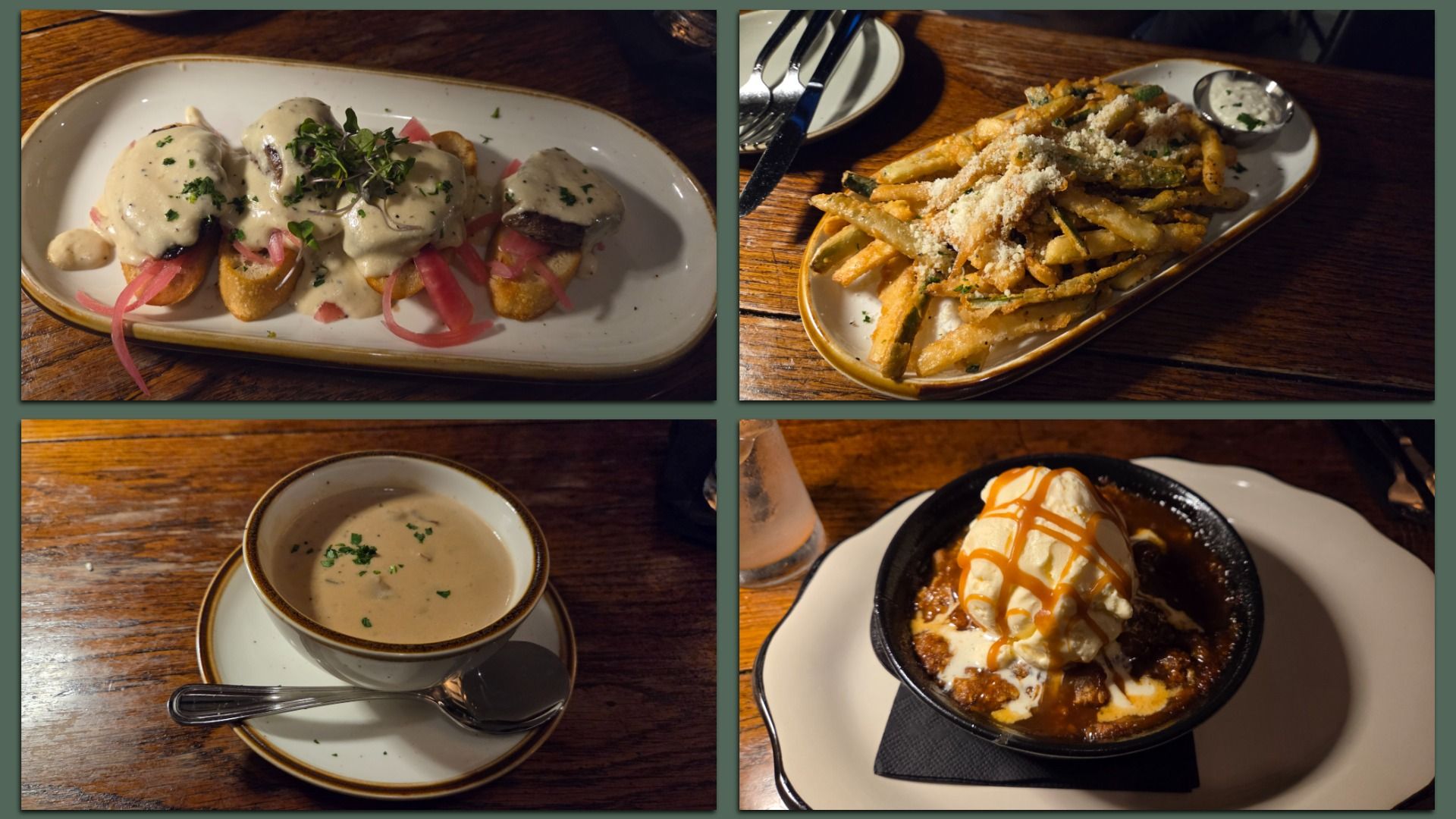 Four dishes on a wooden table: crostini with creamy sauce and herbs, fried green beans with cheese and dip, creamy soup in a bowl with spoon, and warm dessert topped with ice cream and caramel drizzle.