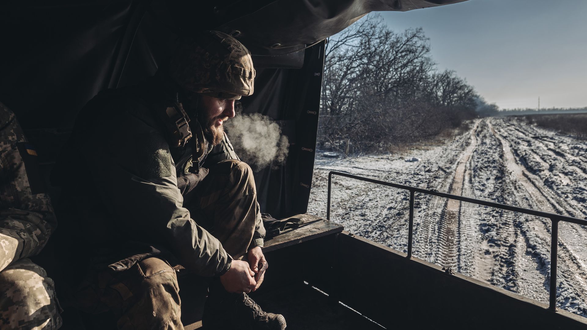 Ukrainian soldier travelling in a truck as Russia-Ukraine war continues on the Bakhmut
