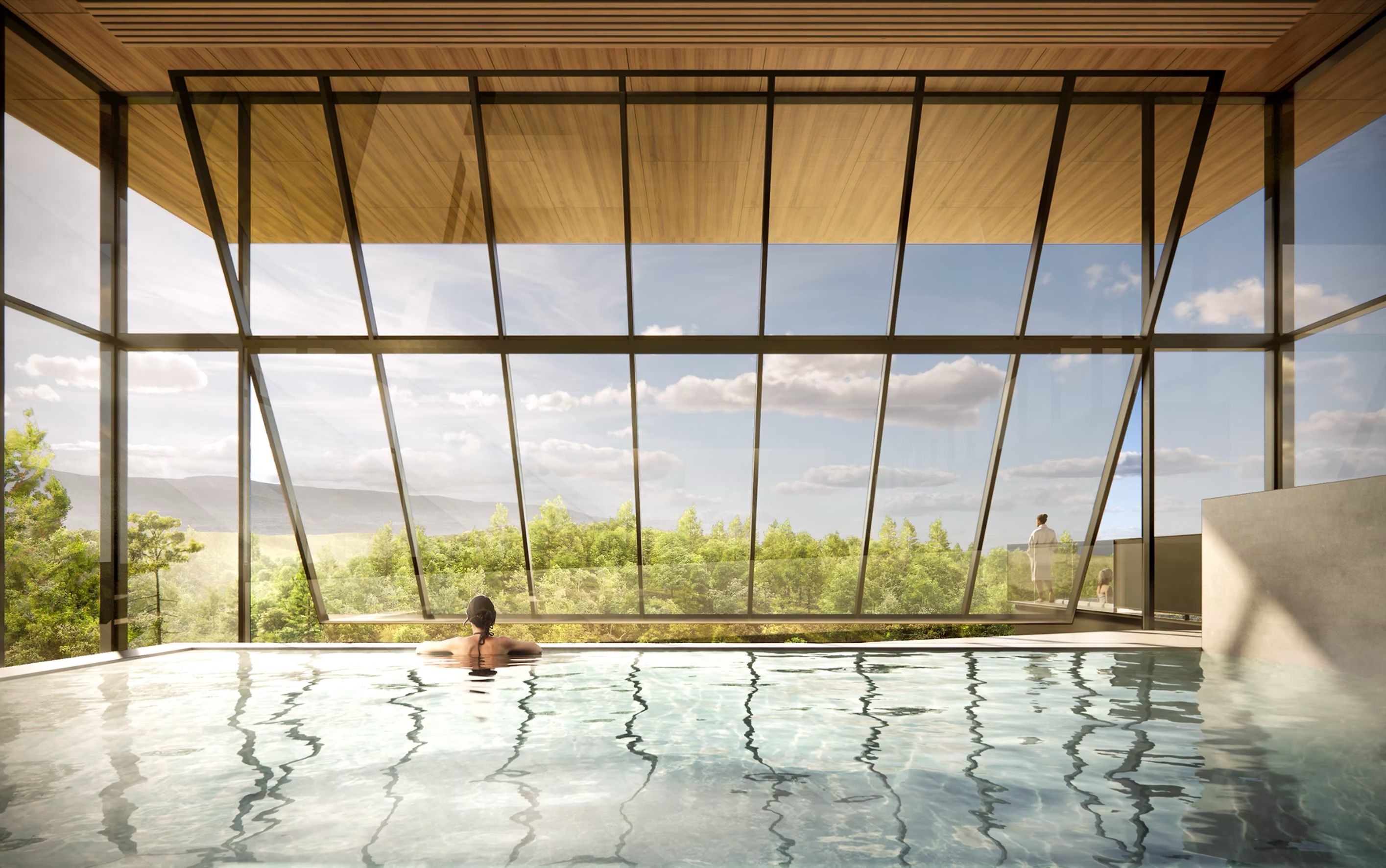 Indoor pool with large glass walls and black metal framing, wood-paneled ceiling, reflecting water. A person swims near the foreground; outdoor trees and blue sky visible beyond.