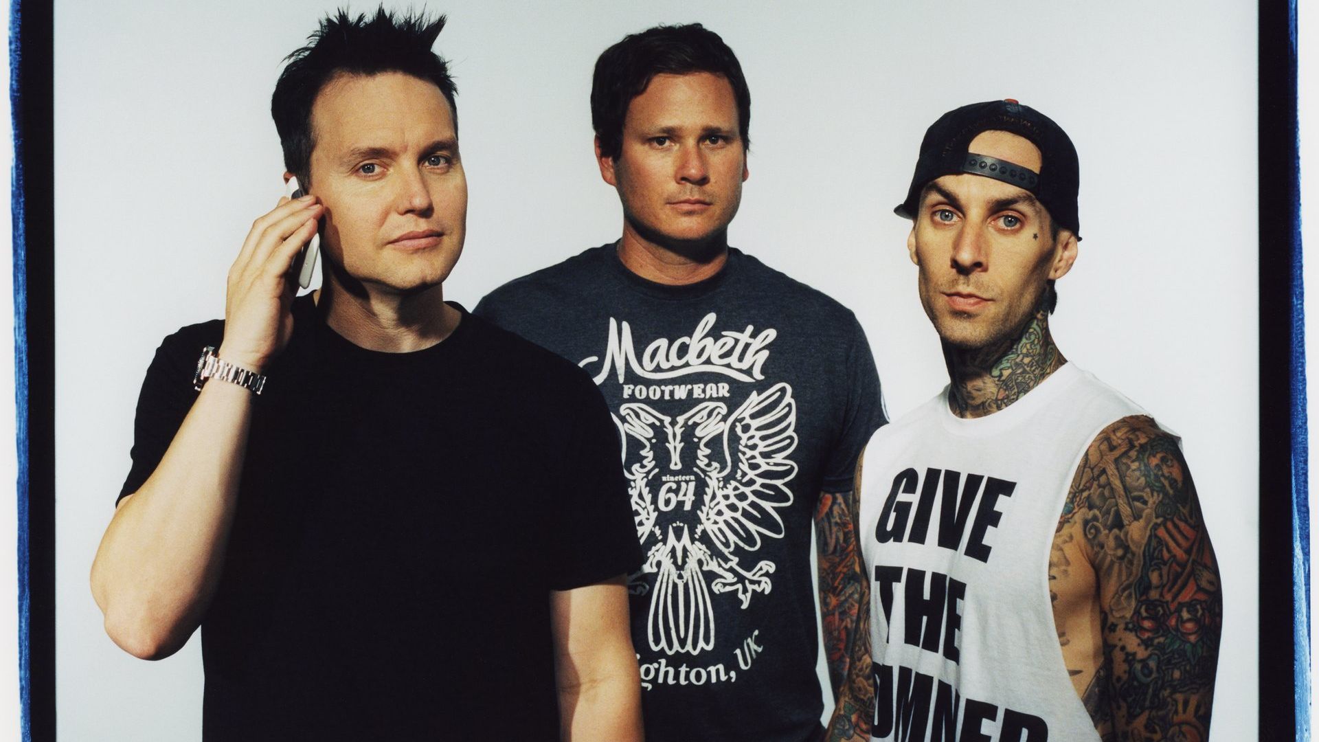 Band Blink 182 poses for a publicity photo shoot at the Sound Matrix Studio