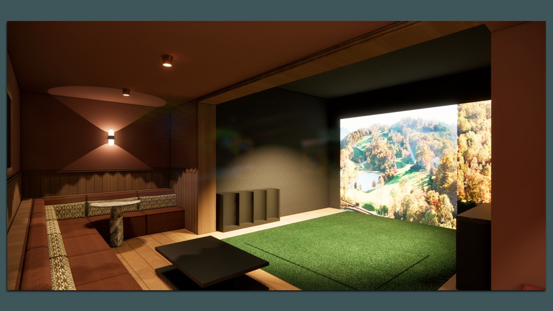 Indoor golf simulator room with green turf, large screen showing a golf course, brown cushioned benches, small tables, wooden walls, and soft warm lighting.
