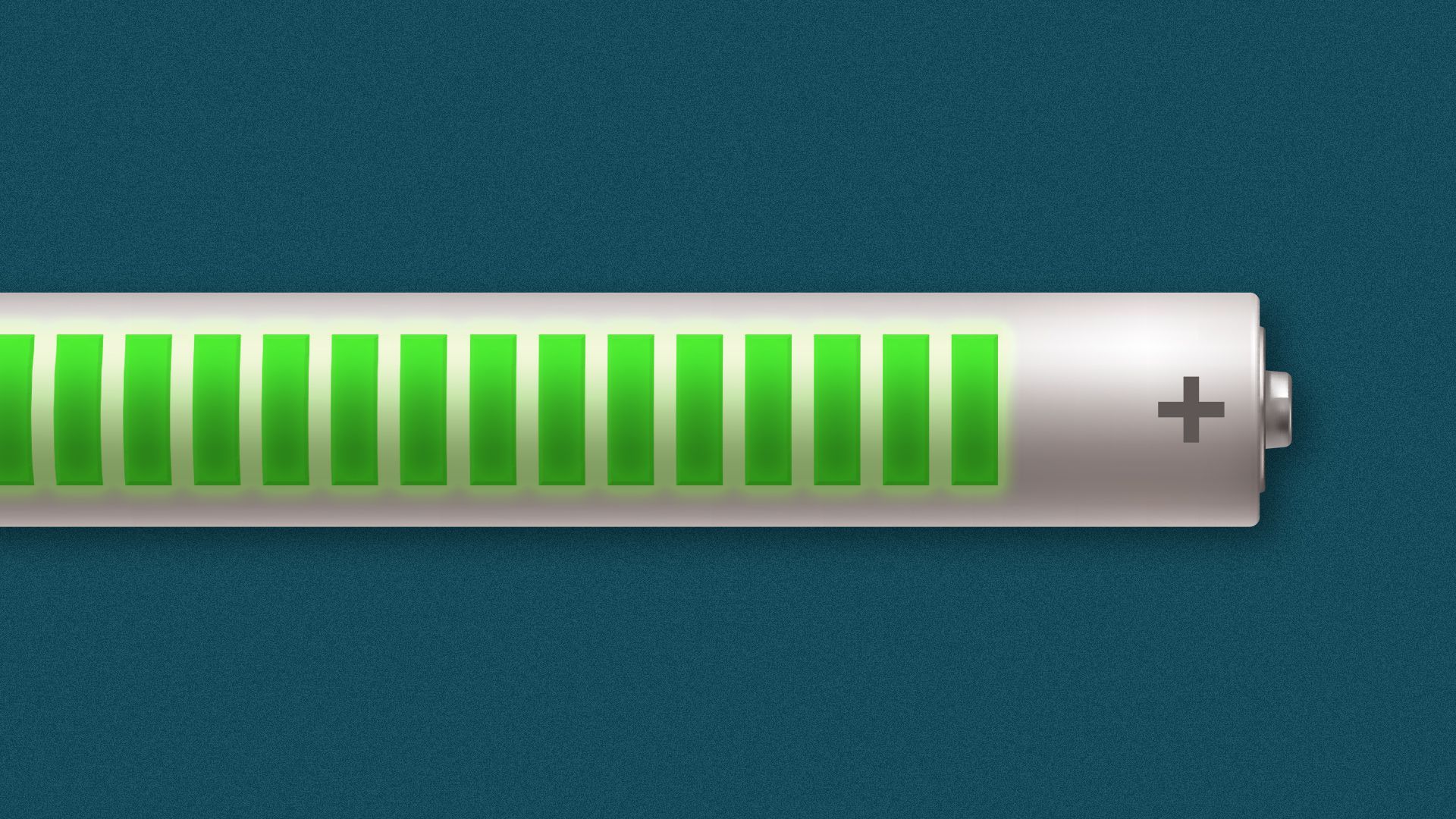 Illustration of an extra long battery with many charge indicator bars glowing green.