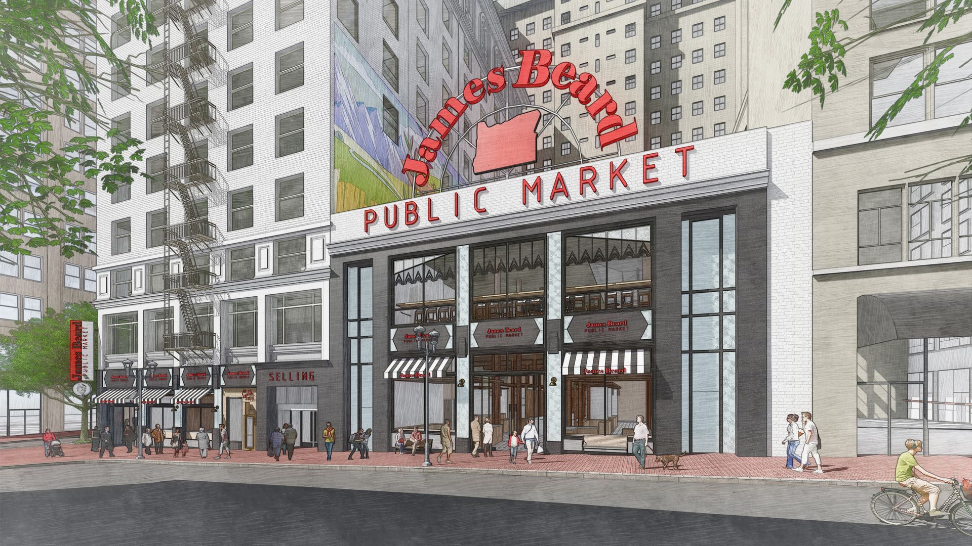 A rendering of the outside of a downtown building with a sign that reads "James Beard Public Market"