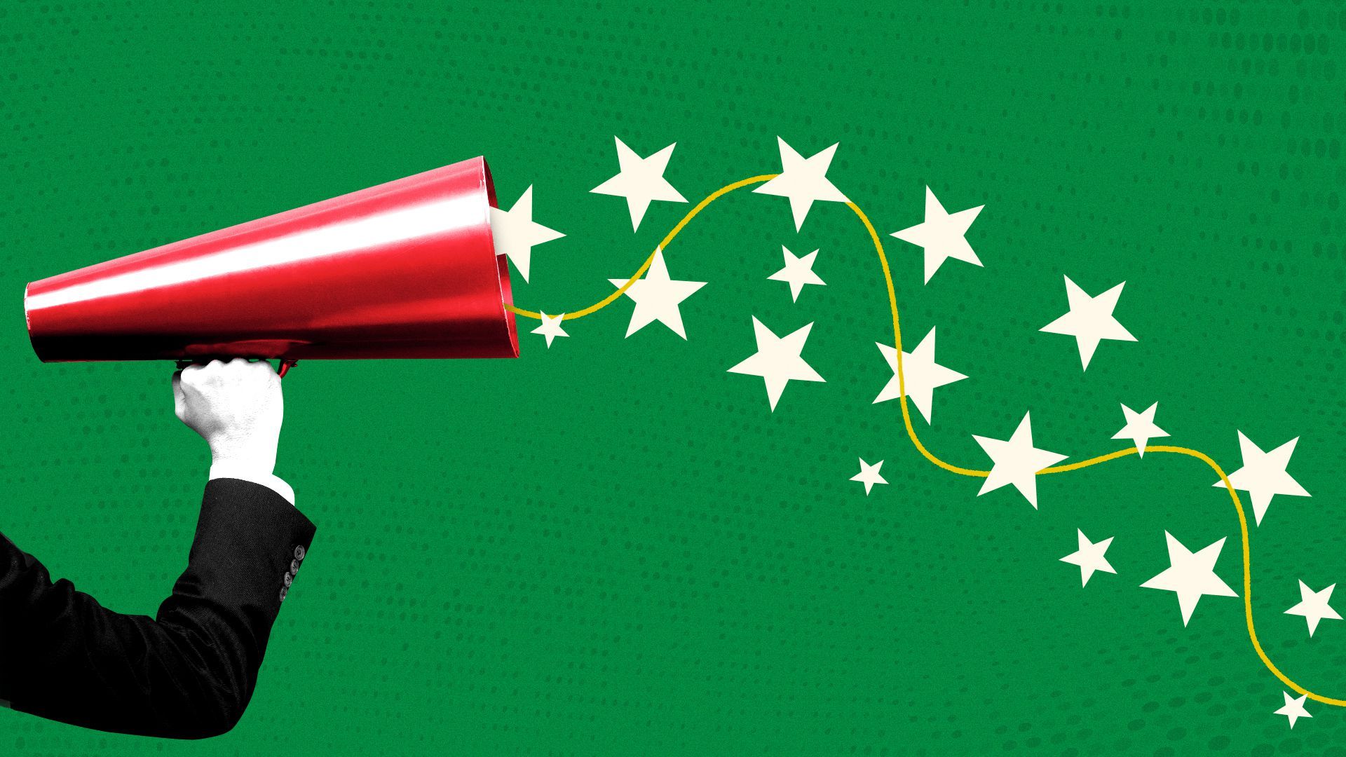 Illustration of a hand holding a megaphone with stars coming out. 